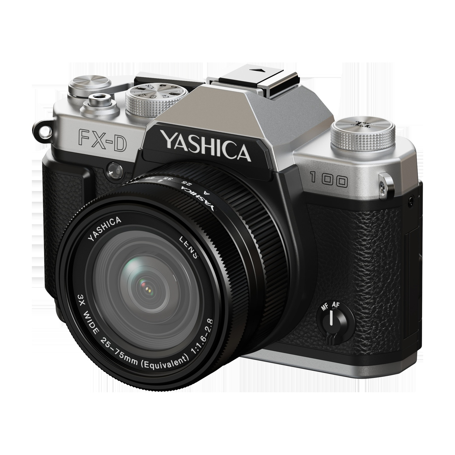Una fotocamera Yashica FX-D 100 con obiettivo. La fotocamera è nera e argento, con un obiettivo prominente e quadranti.