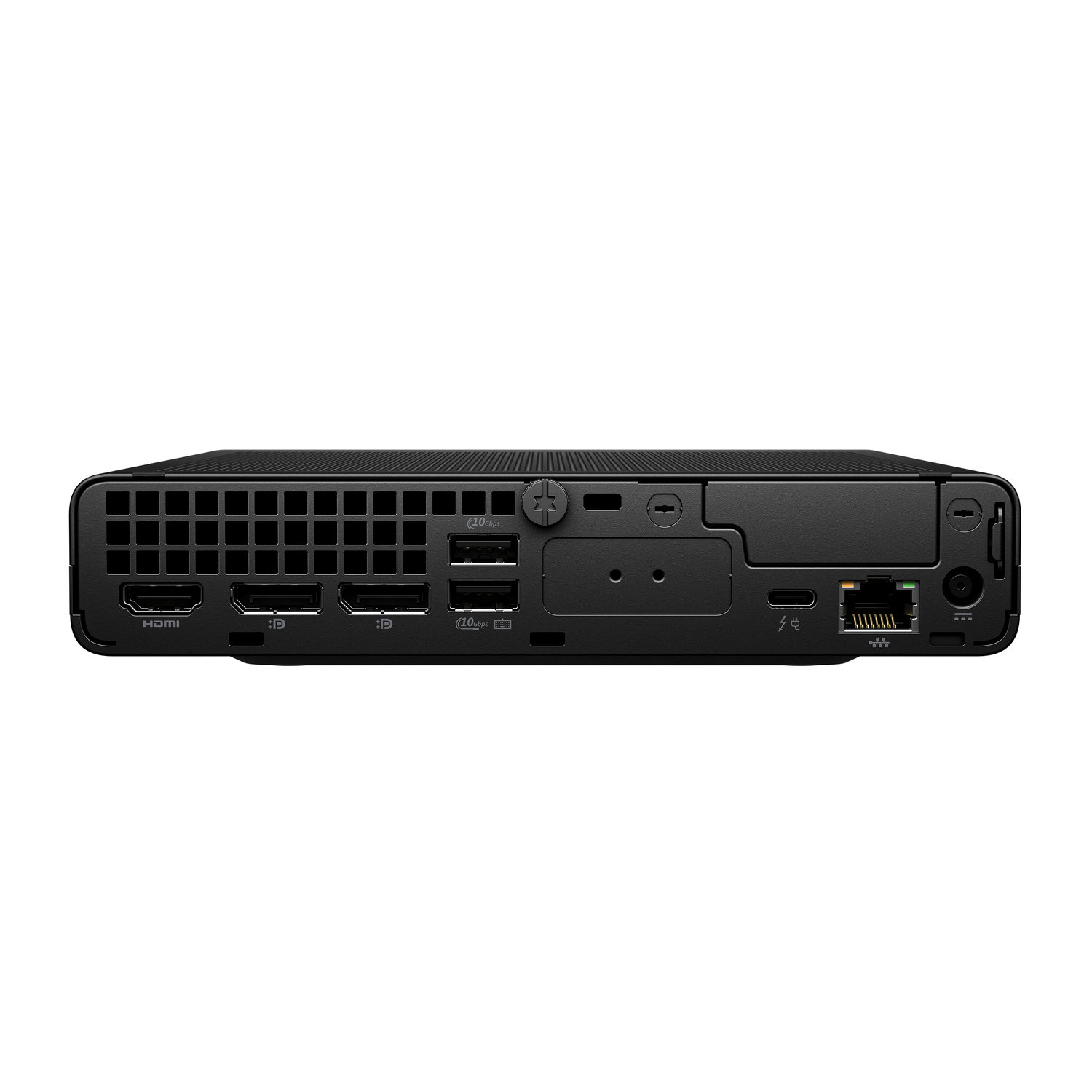 Een zwarte, rechthoekige desktopcomputer met meerdere poorten, waaronder HDMI, USB en Ethernet, wordt getoond tegen een witte achtergrond.