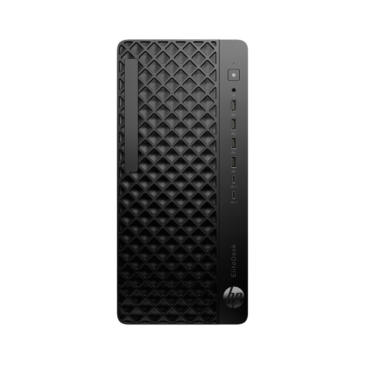 Een zwarte HP EliteDesk computerkast. Het heeft een getextureerd voorpaneel, aan/uit-knop, USB-poorten en het HP-logo op een zwarte achtergrond.