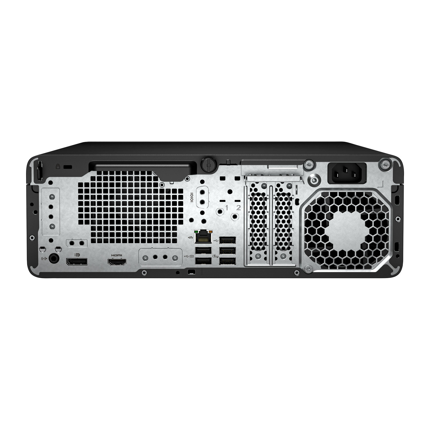 Rear view of a black desktop computer. Features include ports, vents, a power supply, and a fan.