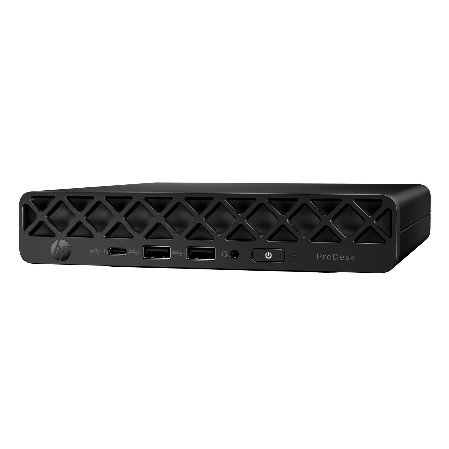 A black HP ProDesk mini PC. It has a diamond-patterned front, USB ports, a power button, and the HP logo. It's against a white background.