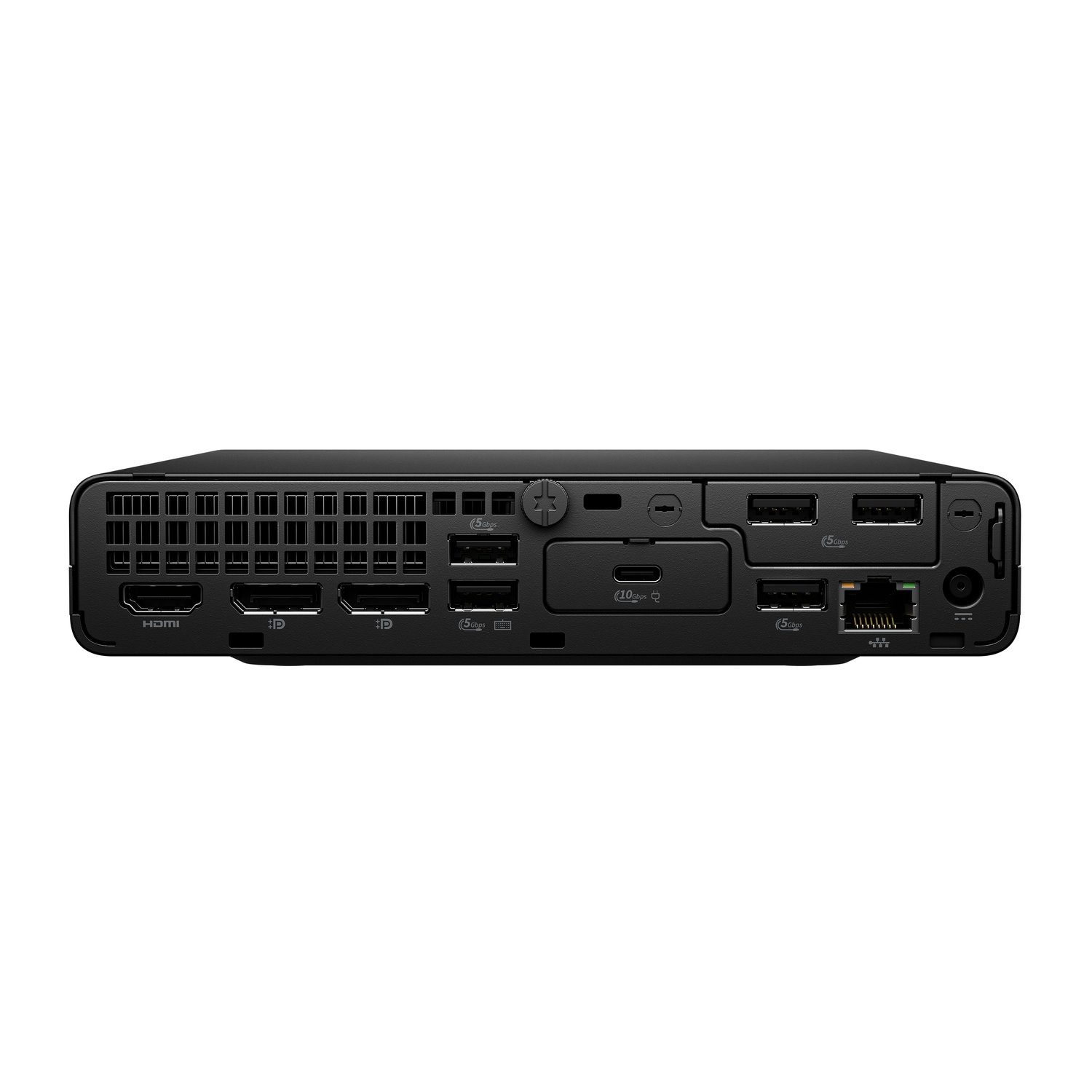 Black computer device with various ports: HDMI, USB, Ethernet, and power input. The device has ventilation holes and is on a white background.