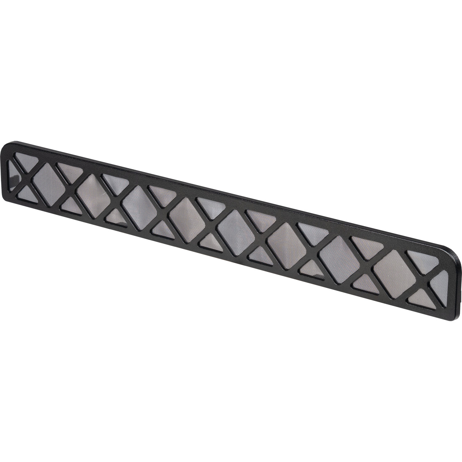 A black rectangular vent with diamond and triangular cutouts, filled with mesh. The vent is slightly angled on a white background.
