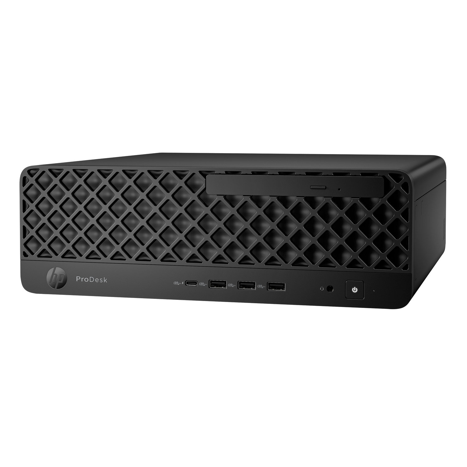 Black HP ProDesk desktop computer. It has a patterned front panel, multiple USB ports, power button, and a drive slot.