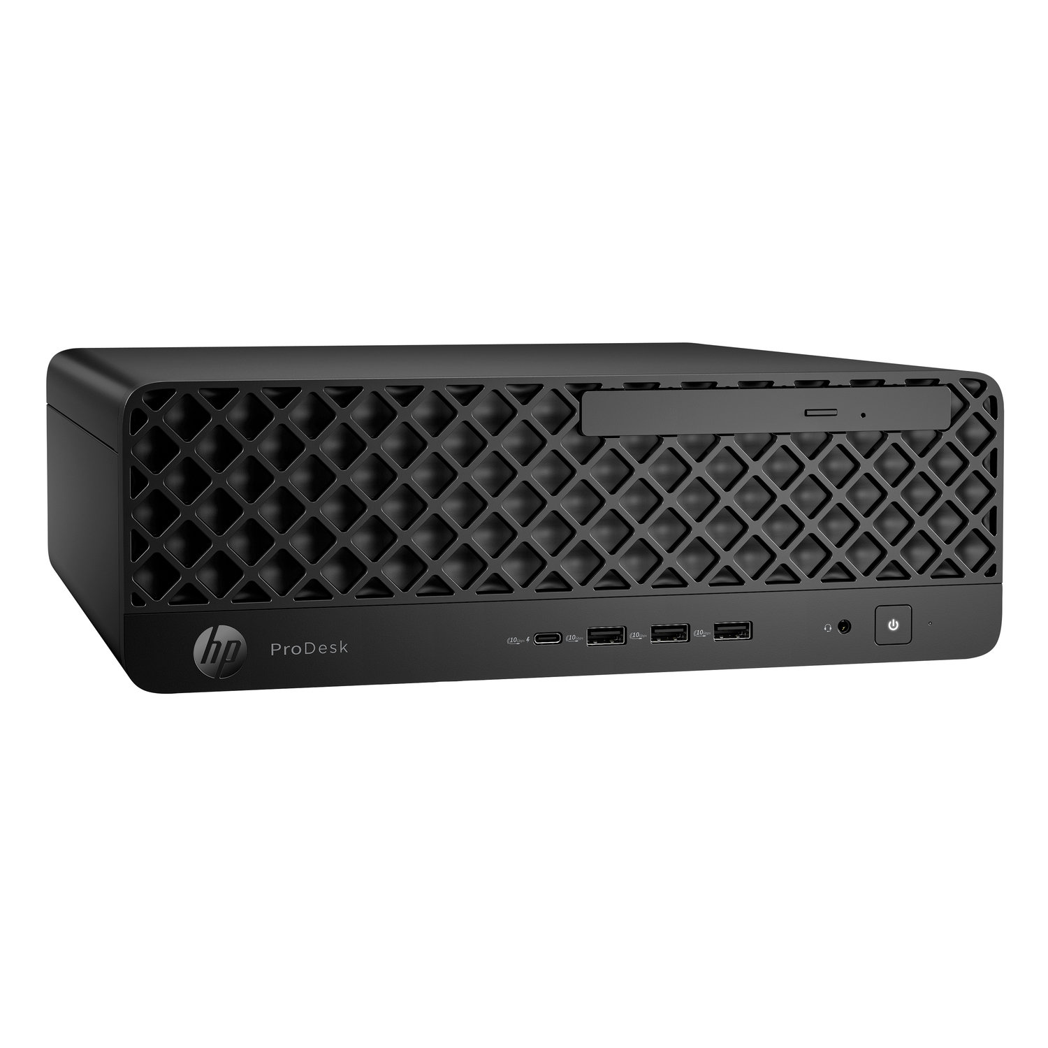 A black HP ProDesk desktop computer. It has a diamond-patterned front, multiple USB ports, a power button, and a disc drive.