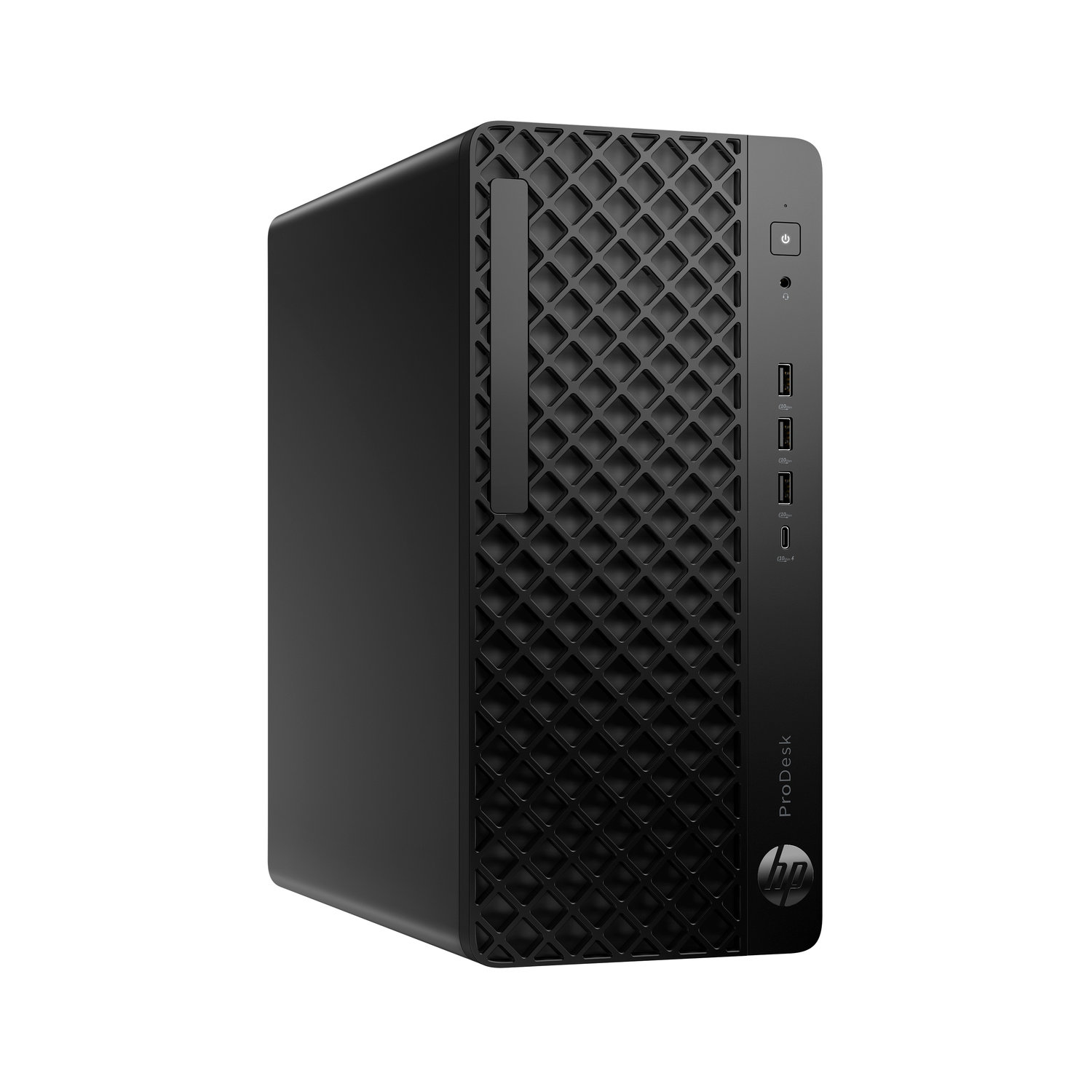 Black HP ProDesk computer tower on white background. Features power button, USB ports, and HP logo.
