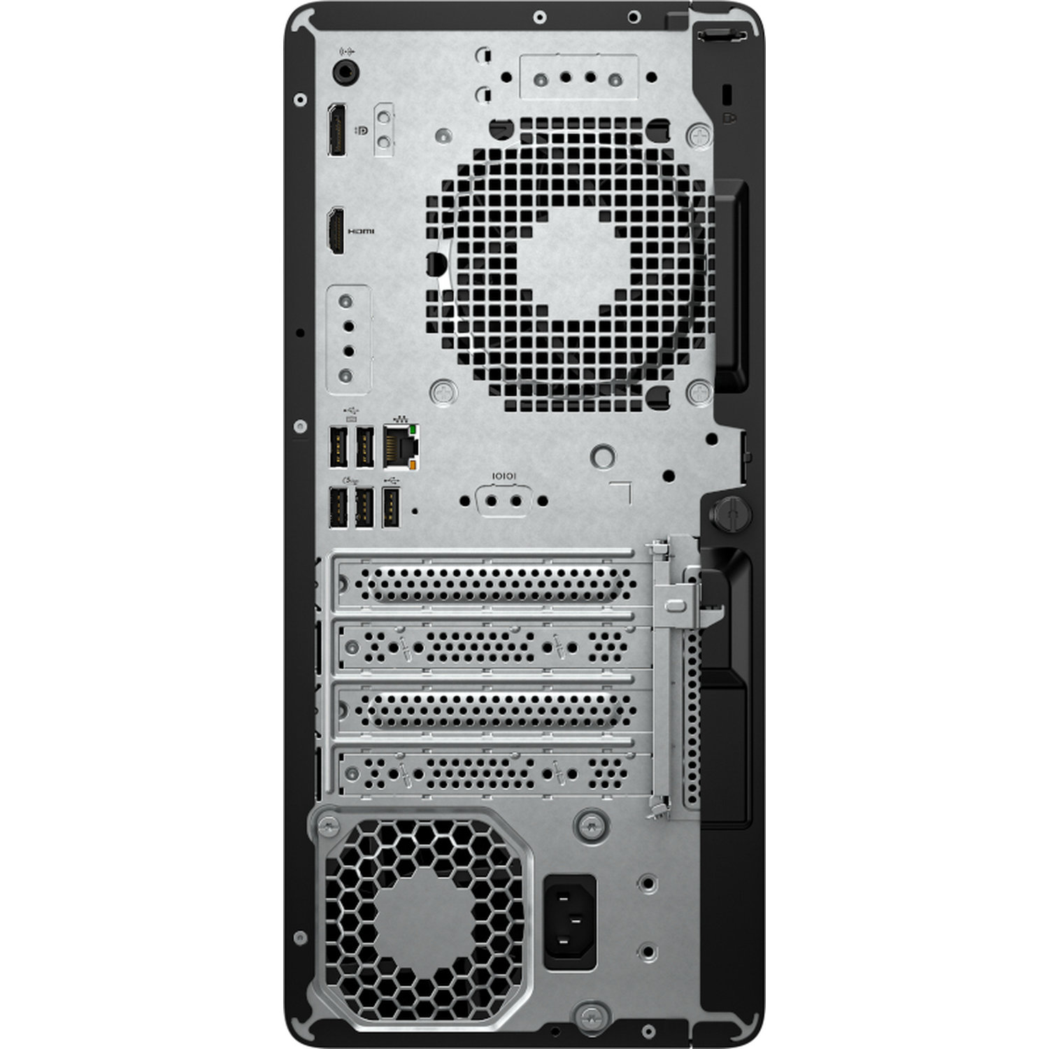 Rear view of a desktop computer case. Features ports, vents, and a power supply connection. The case is primarily metallic with black accents.