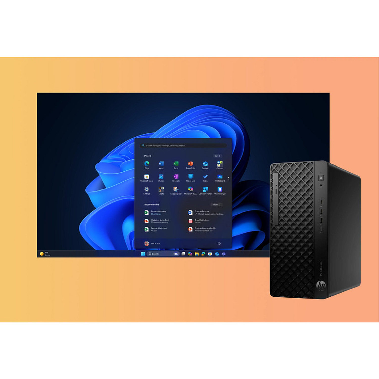 A desktop computer with a monitor displaying the Windows 11 interface. The computer is black, with an HP ProDesk logo.