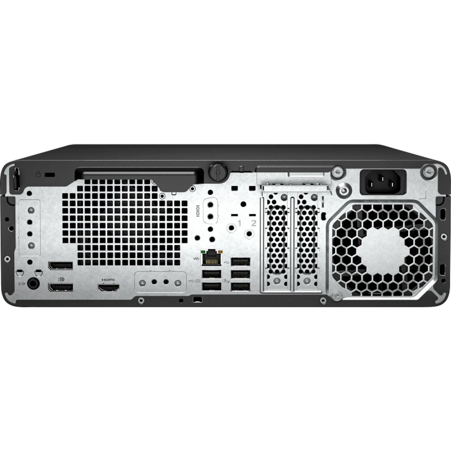 Rear view of a black desktop computer. It has various ports, vents, and a power connector. The back panel is silver and has a honeycomb pattern.
