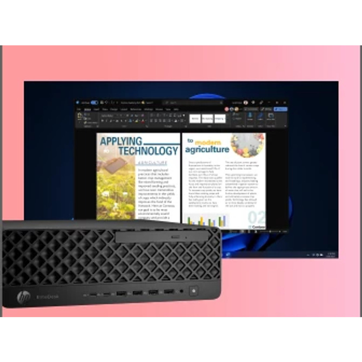 A black HP EliteDesk computer sits in front of a monitor displaying a document about technology in agriculture.