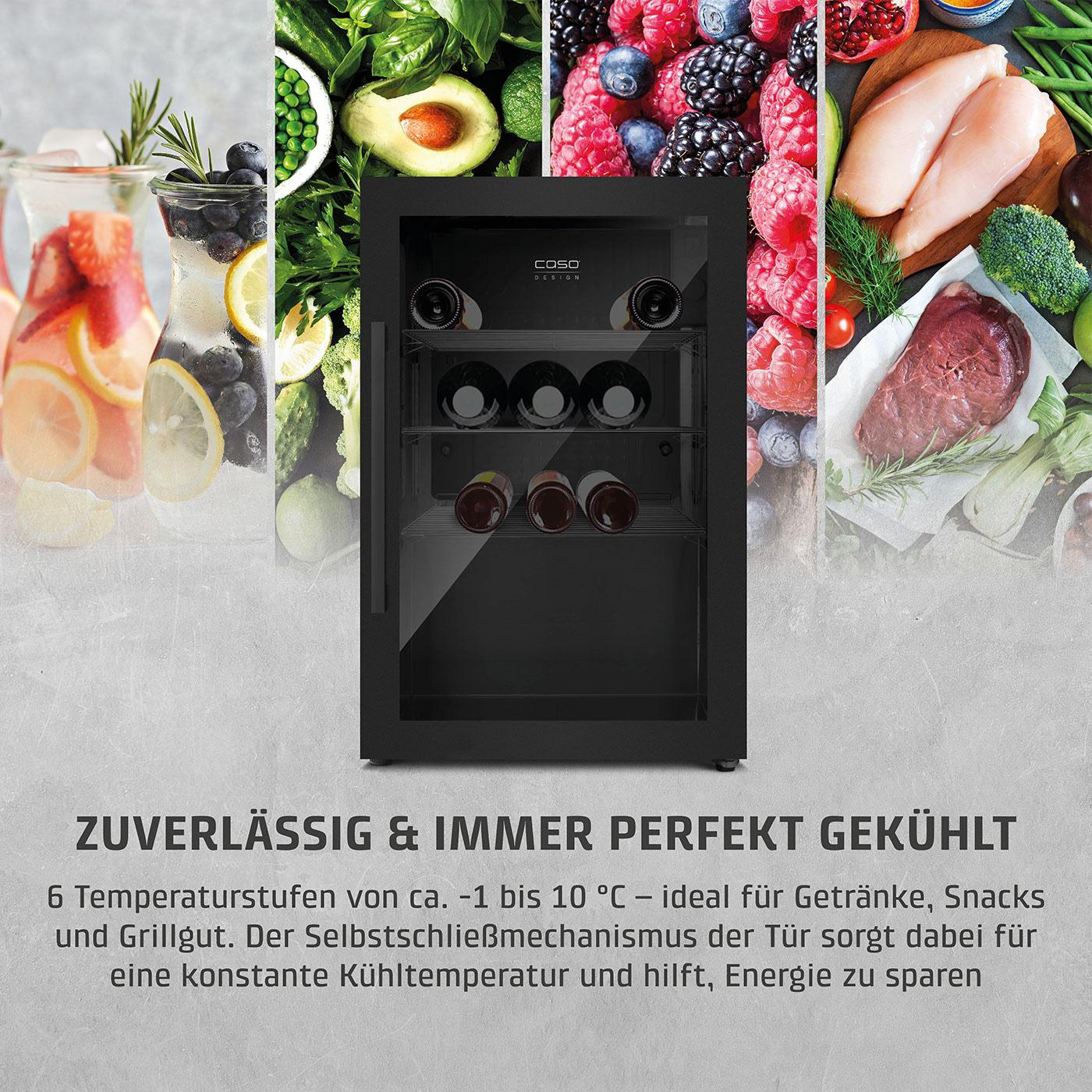 Ein schwarzer Weinkühler mit verschiedenen Früchten und Gemüse. Text: 'Zuverlässig & Immer perfekt gekühlt'.