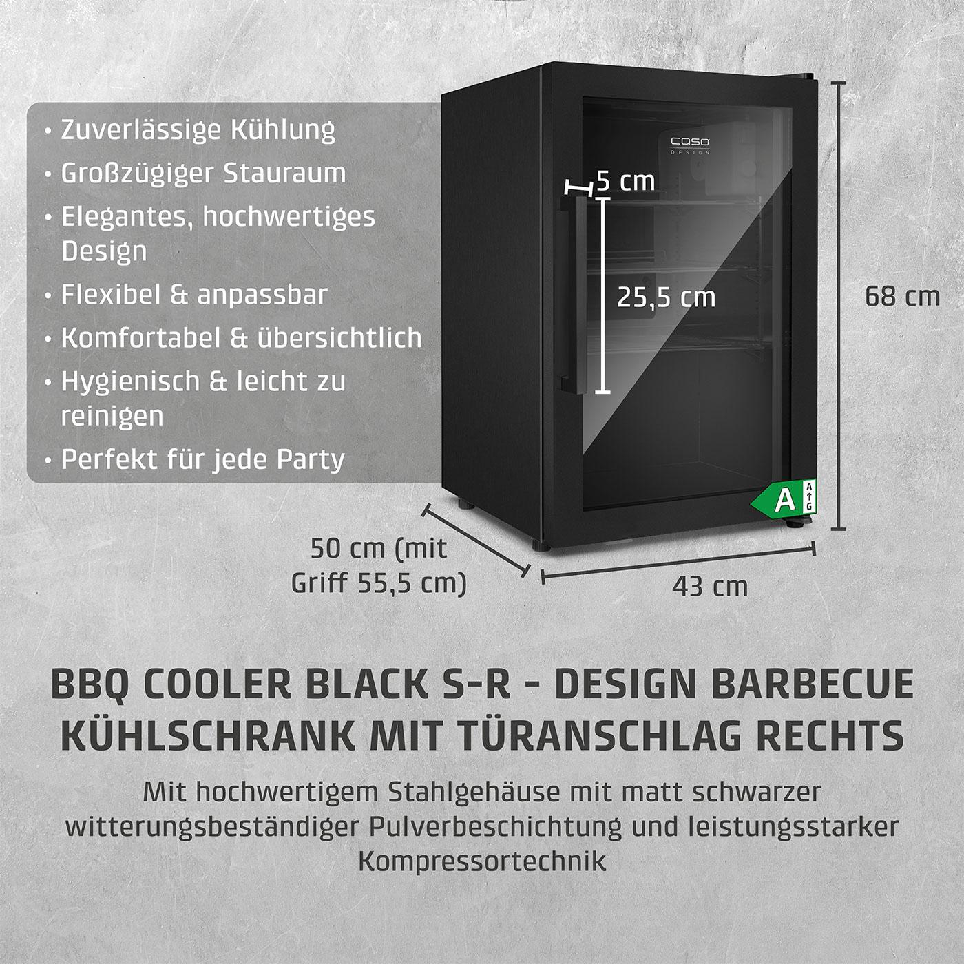 Schwarzer BBQ-Kühler mit Glastür. Abmessungen: 68 cm Höhe, 43 cm Breite. Merkmale: Kühlung, Stauraum, Design, Flexibilität.
