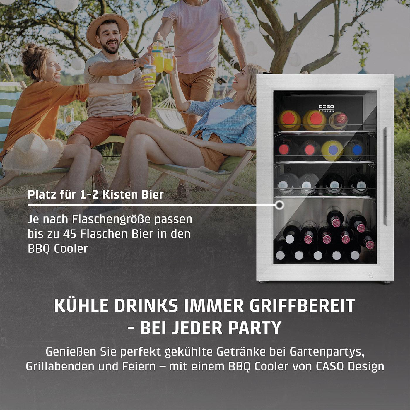 Leute stoßen mit Getränken an, neben einem Kühler mit Weinflaschen. Text: Kühle Getränke immer griffbereit bei jeder Party.