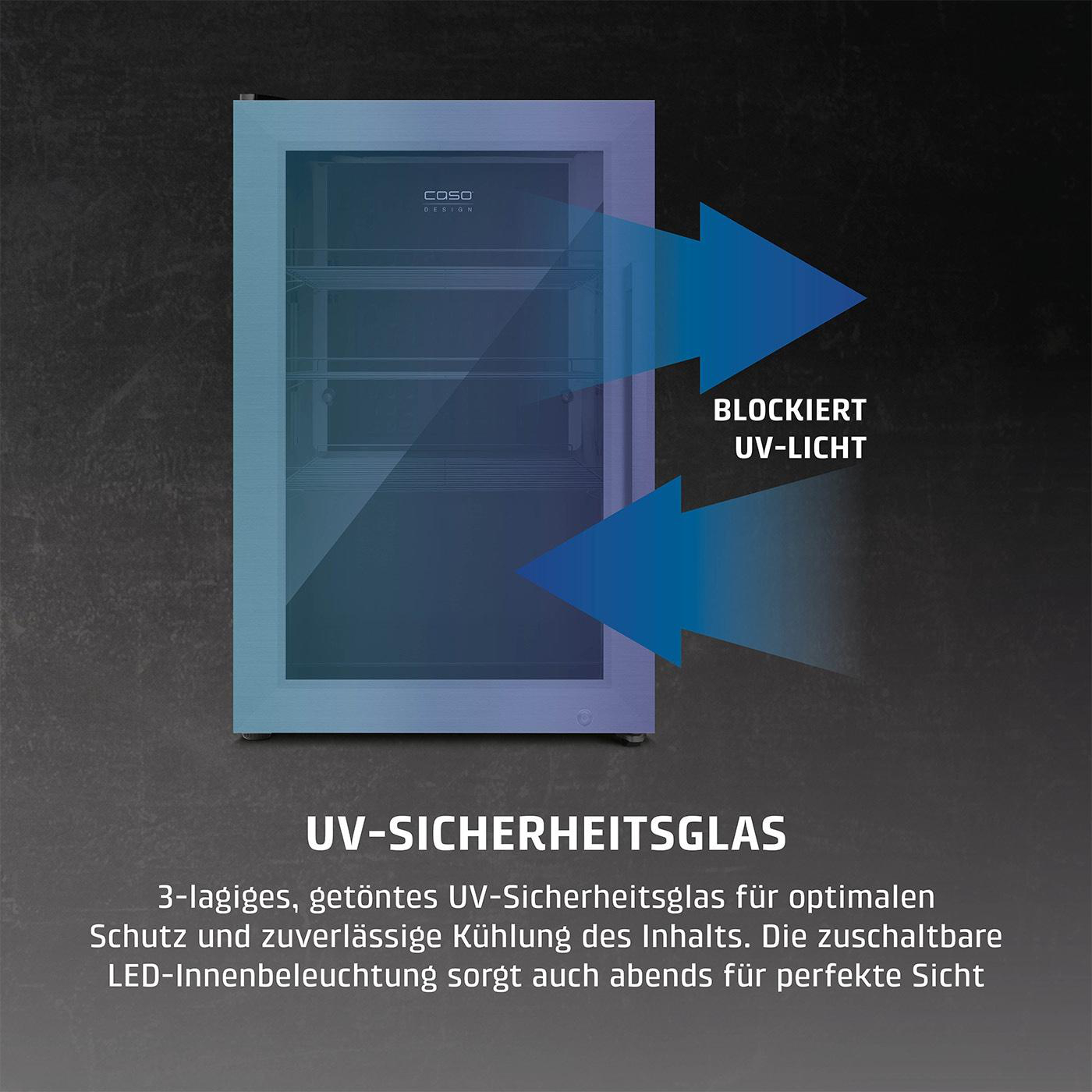 Ein Kühlschrank mit UV-Sicherheitsglas. Blaue Pfeile zeigen UV-Lichtblockierung an. Text: 'UV-SICHERHEITSGLAS' und Produktdetails.
