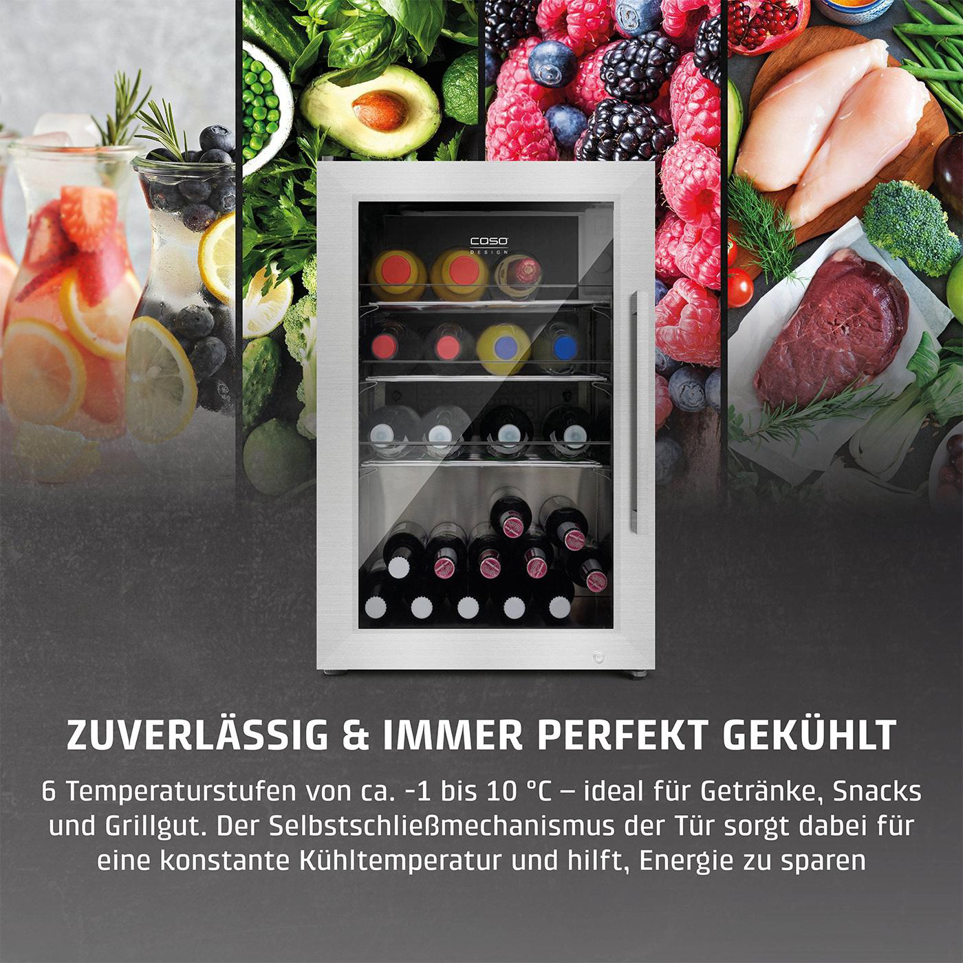 Ein Kühlschrank mit Weinflaschen ist von frischen Lebensmitteln wie Beeren, Hähnchen und Gemüse umgeben, darunter Text.
