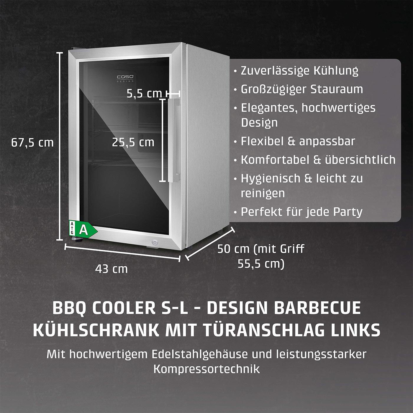 Edelstahl-BBQ-Kühler mit Glastür. Text hebt Kühlung, Stauraum, Design und Party hervor. Abmessungen sind ebenfalls vorhanden.
