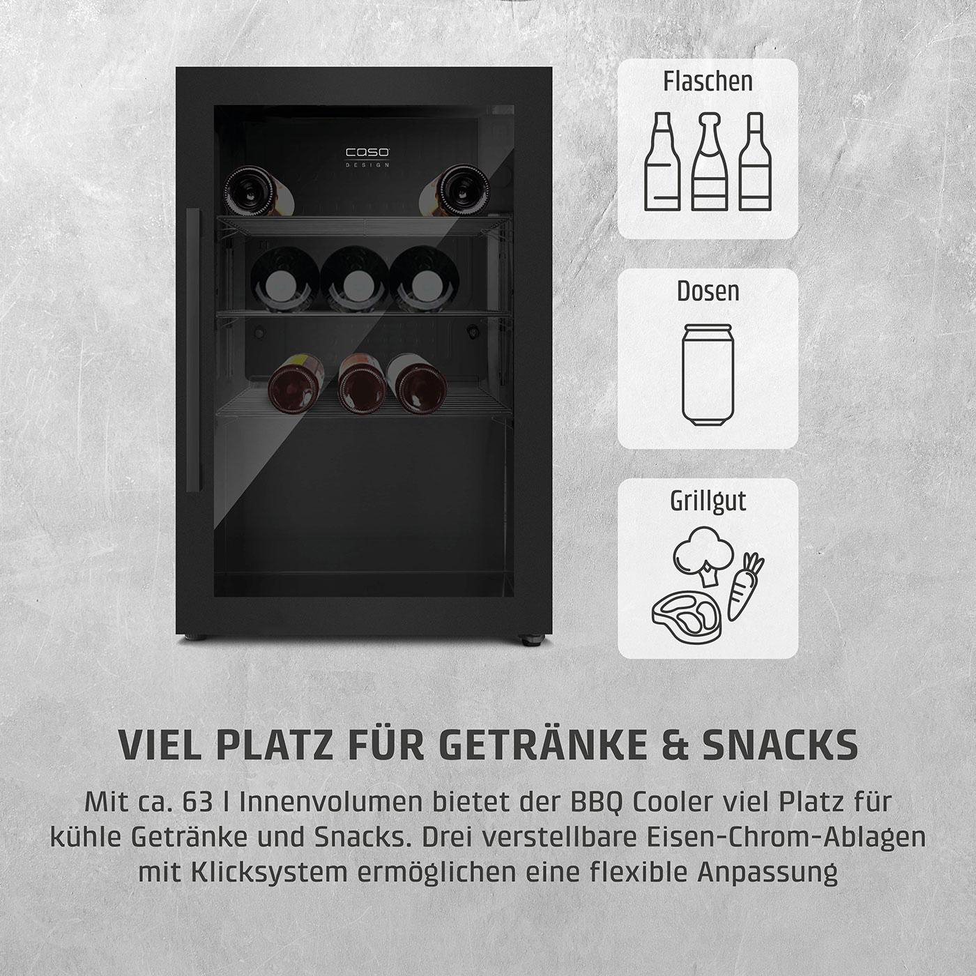 Ein schwarzer Caso-Weinkühler mit Weinflaschen, Icons für Flaschen, Dosen und Grillgut sowie Text über Platz für Getränke und Snacks.