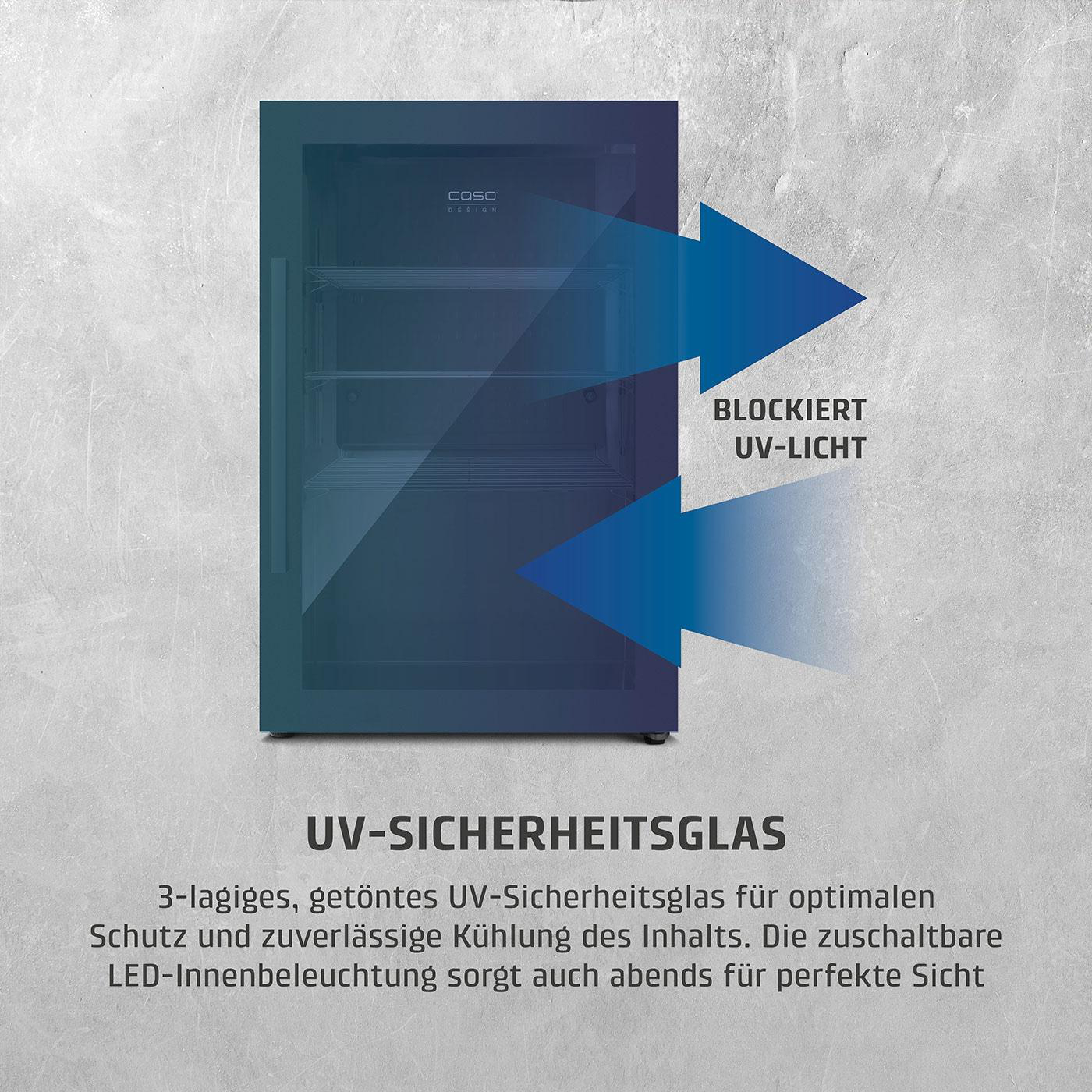 Ein schwarzer Caso-Design-Kühlschrank mit blauen Pfeilen, die die UV-Lichtblockierung anzeigen. Text beschreibt UV-Sicherheitsglas.