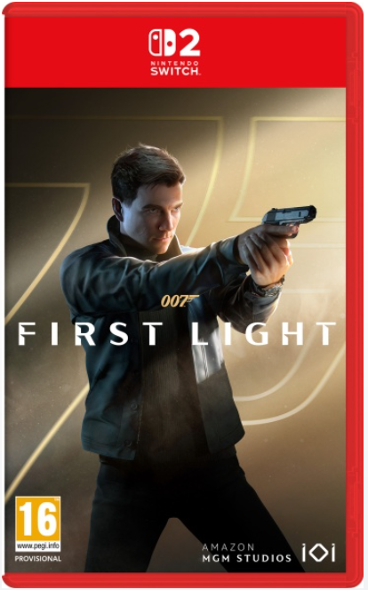Spielcover für First Light. Ein Mann in einer Jacke zielt mit einer Waffe. Das Nintendo Switch-Logo befindet sich oben.