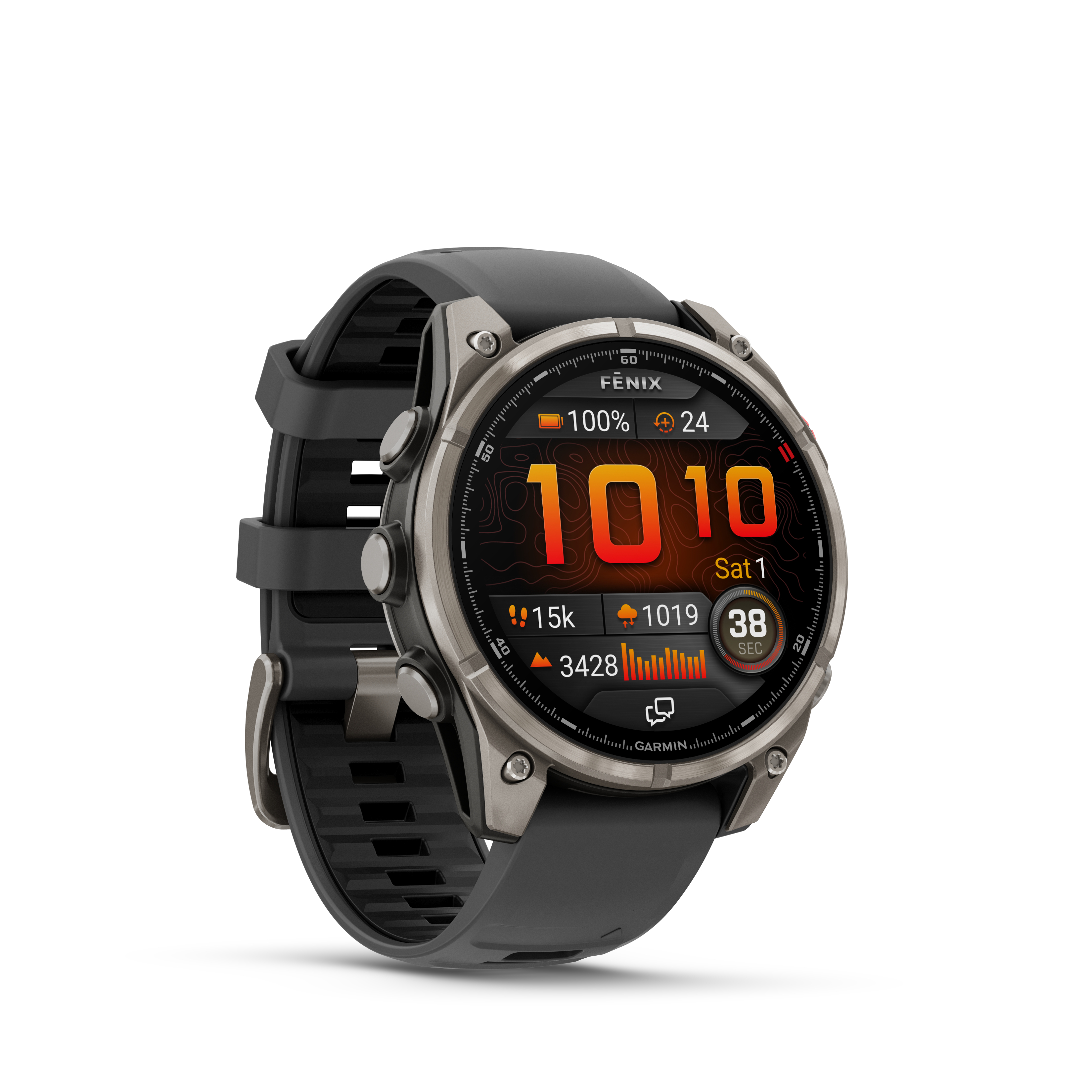 Eine Garmin Fenix Uhr zeigt Zeit, Akku und Fitness-Metriken an. Sie hat ein schwarzes Armband und eine Metalllünette.