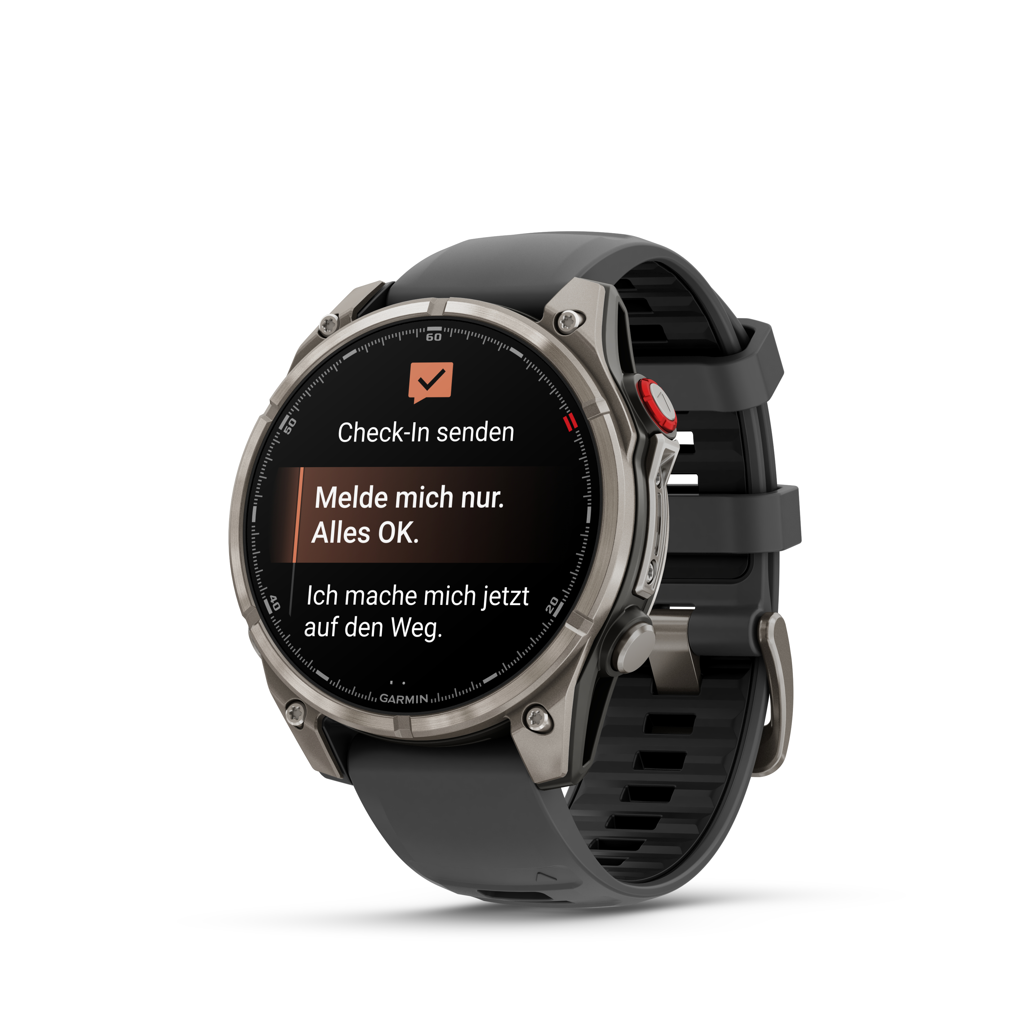 Eine Garmin-Smartwatch zeigt eine Check-in-Nachricht an. Sie hat ein schwarzes Armband und ein graues Gehäuse. Weißer Hintergrund.