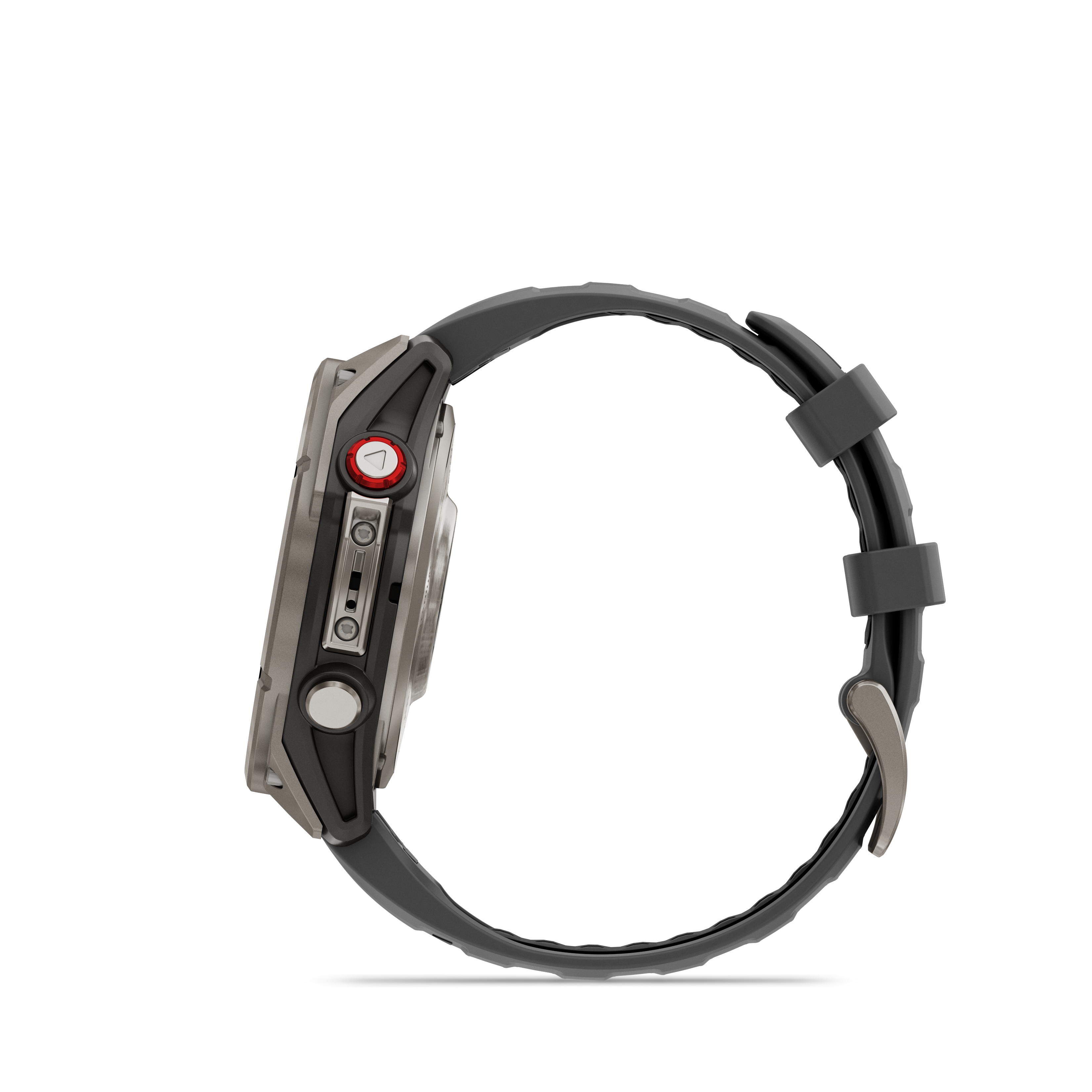 Seitenansicht einer Uhr mit grauem Gehäuse und schwarzem Armband auf weißem Hintergrund.