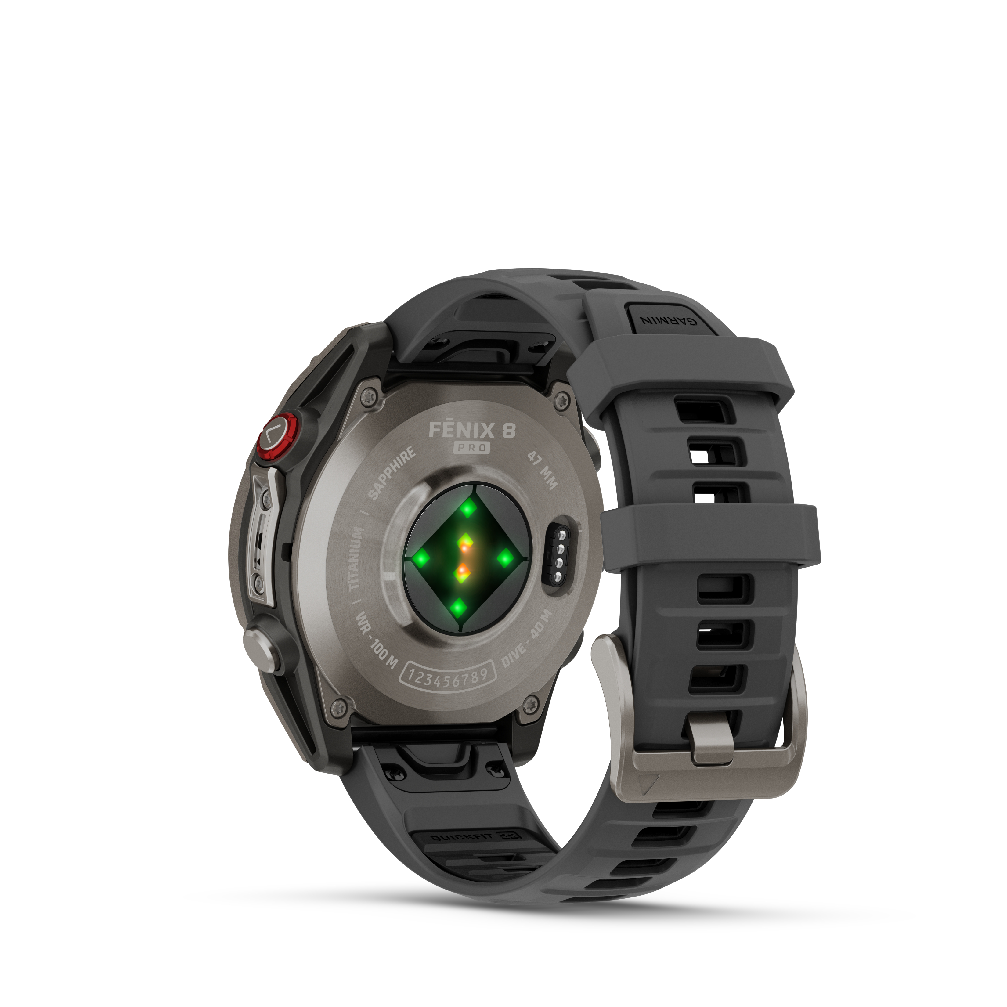 Nahaufnahme einer Garmin Fenix 8 Pro Uhr. Es zeigt die Rückseite mit Sensoren, Armband und Textdetails.