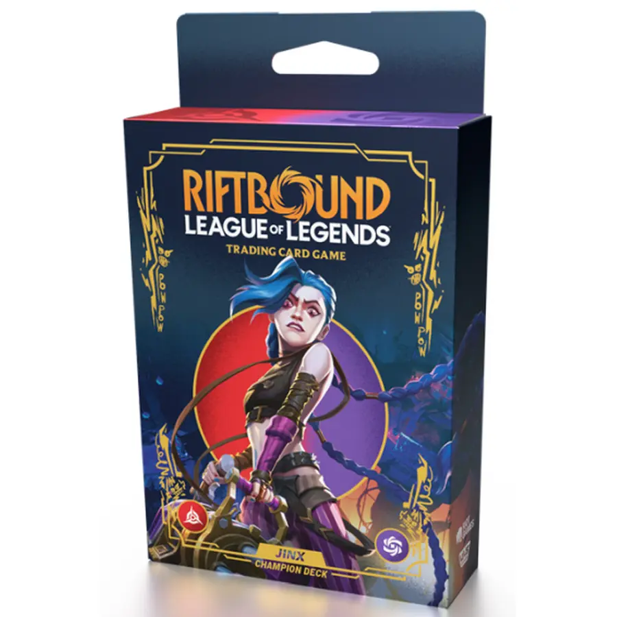 Schachtelkunst für Riftbound League of Legends TCG. Jinx mit blauen Haaren und Waffe. Der Hintergrund hat rote und violette Farbtöne.