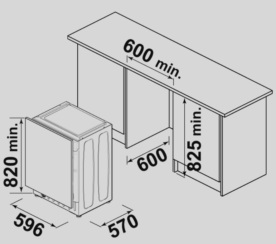 Mosogatógép beszerelésének diagramja méretekkel. Mosogatógépet, szekrényeket és milliméterben megadott méreteket mutat.