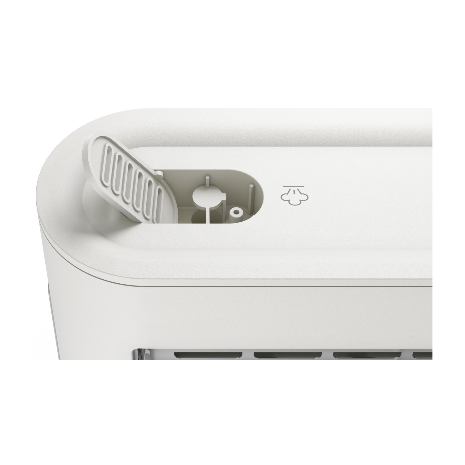 Primo piano di un dispositivo bianco. Un coperchio incernierato è aperto, rivelando un simbolo di vapore. Il dispositivo è bianco con bordi arrotondati.