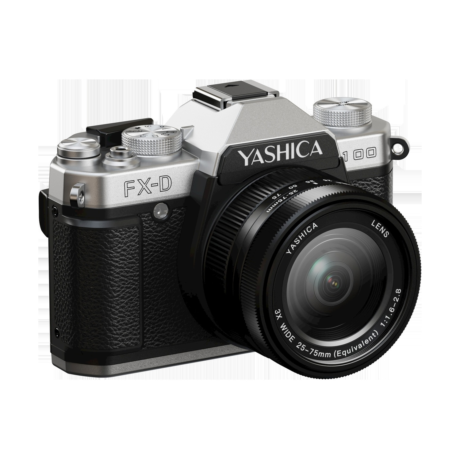 Viene mostrata una fotocamera Yashica FX-D. Ha la parte superiore argentata, il corpo nero e un grande obiettivo. L'obiettivo ha il testo 'Yashica'.