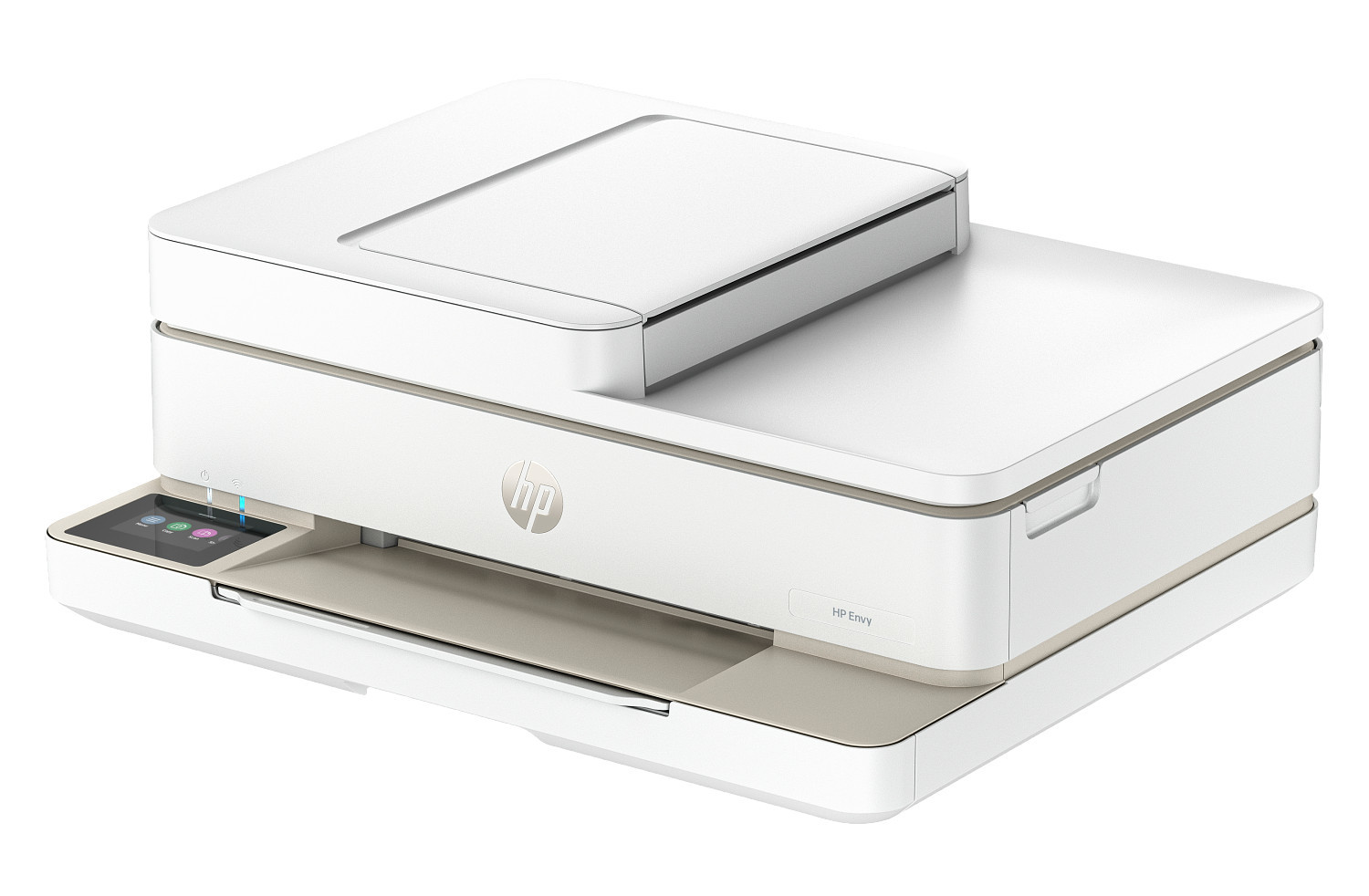 Drukarka HP Envy. Jest biało-beżowa. Ma wyświetlacz i logo HP. Znajduje się na białym tle.