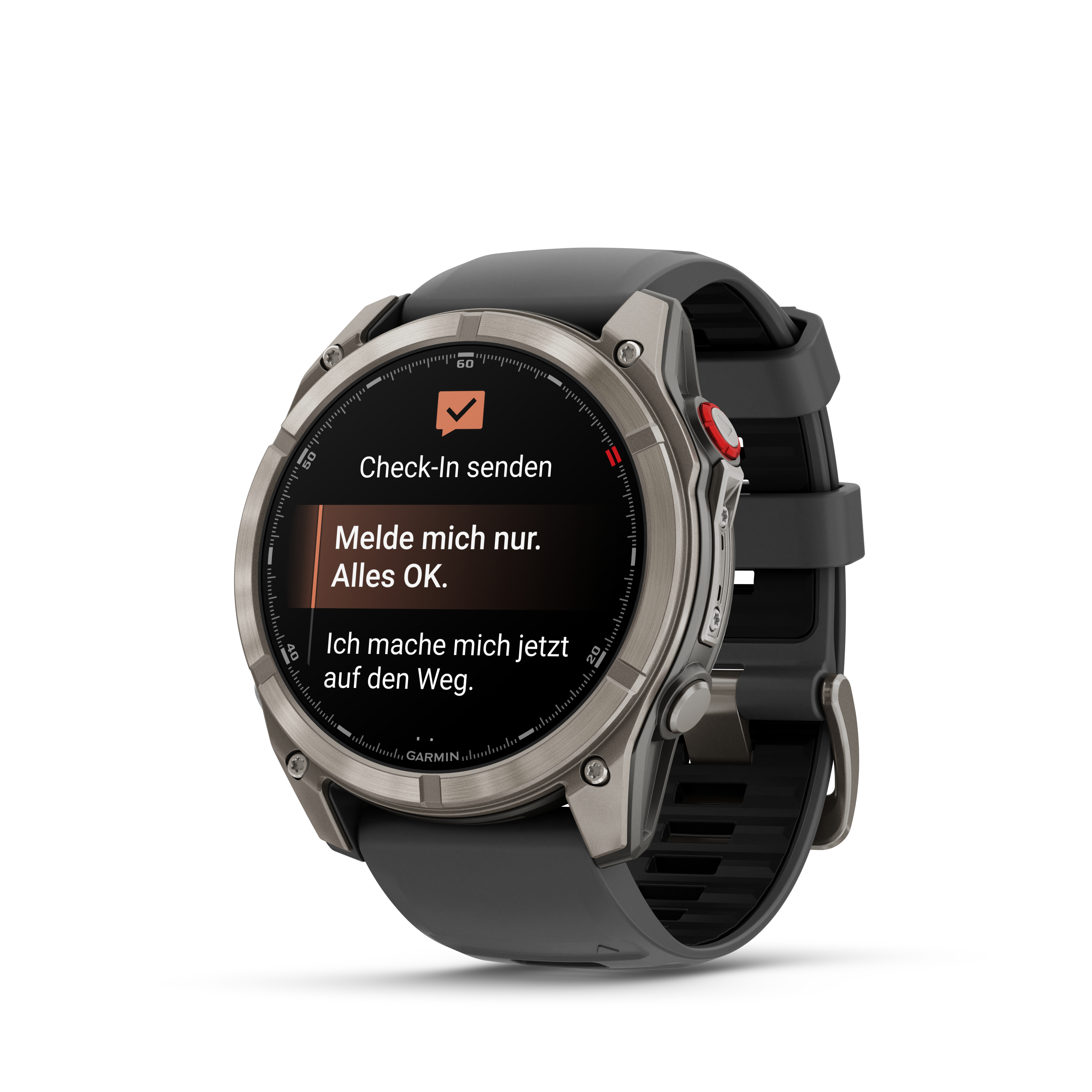 Eine silberne und schwarze Garmin-Smartwatch, die eine Check-in-Nachricht auf weißem Hintergrund anzeigt.