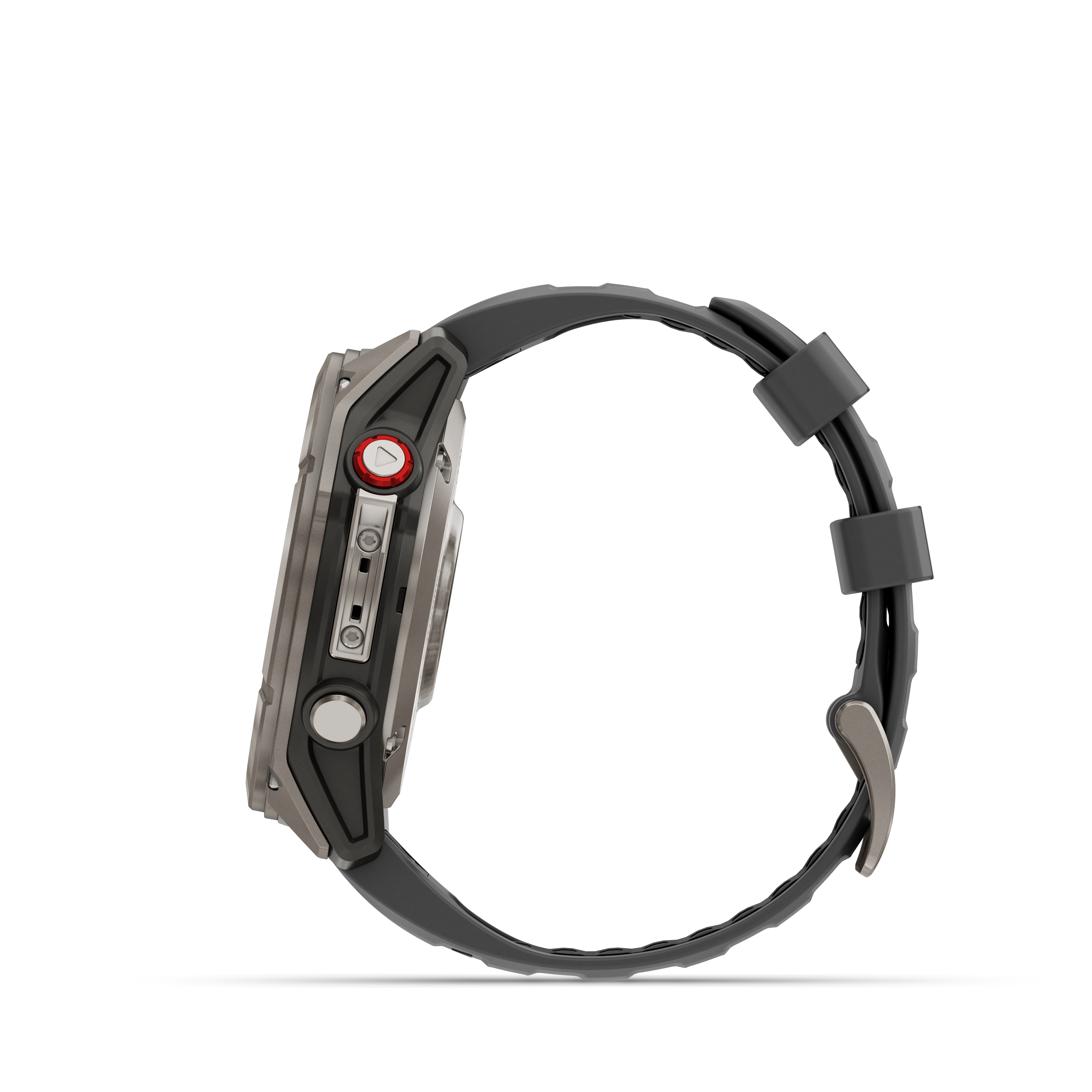 Seitenansicht einer grau-schwarzen Smartwatch mit schwarzem Armband. Die Uhr befindet sich auf weißem Hintergrund.