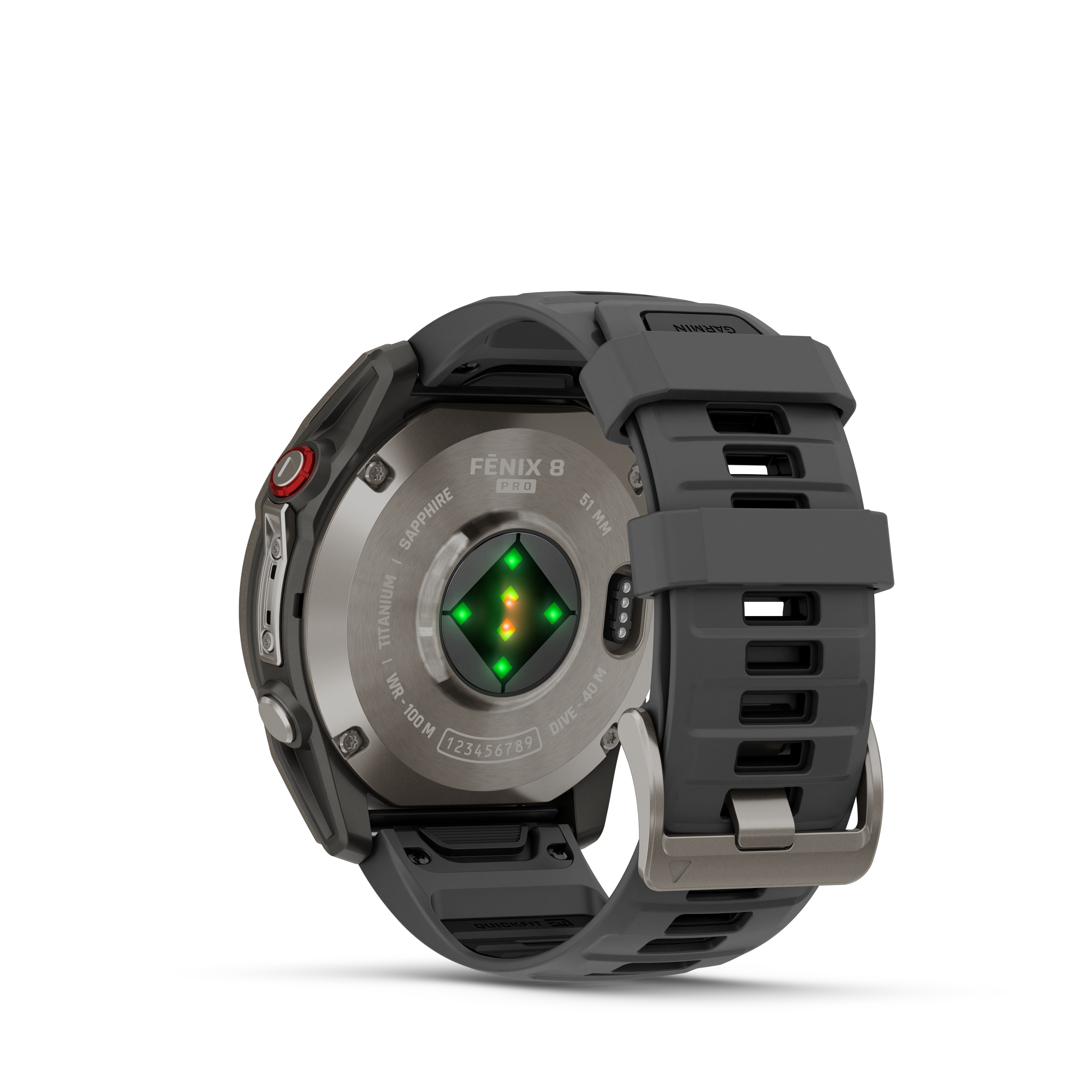 Eine Garmin Fenix 8 Pro Uhr mit schwarzem Armband. Die Rückseite zeigt Sensoren und Spezifikationen.