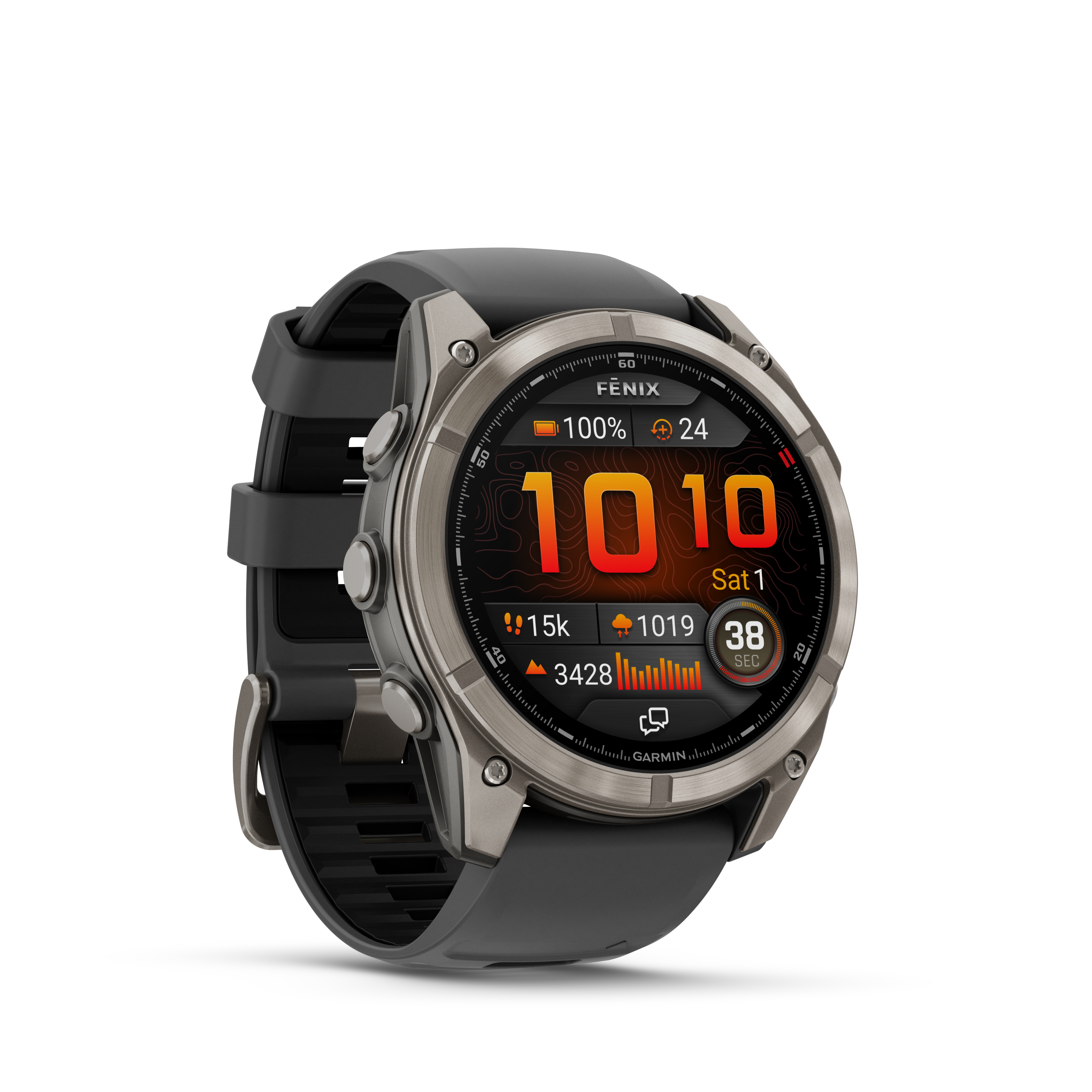 Eine Garmin Fenix Smartwatch, schwarzes Armband, silberne Lünette, Digitalanzeige mit Uhrzeit, Schritten und Daten.