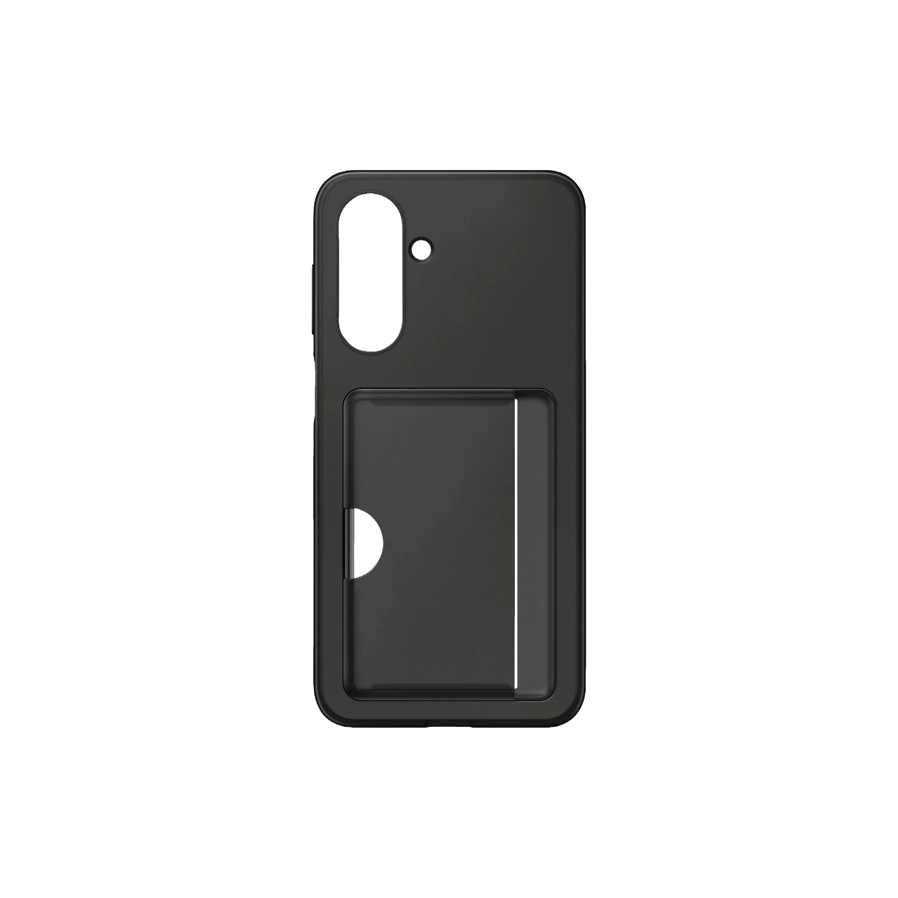 Funda de teléfono negra con ranura para tarjetas. Tiene un recorte para la cámara. Sobre fondo negro.
