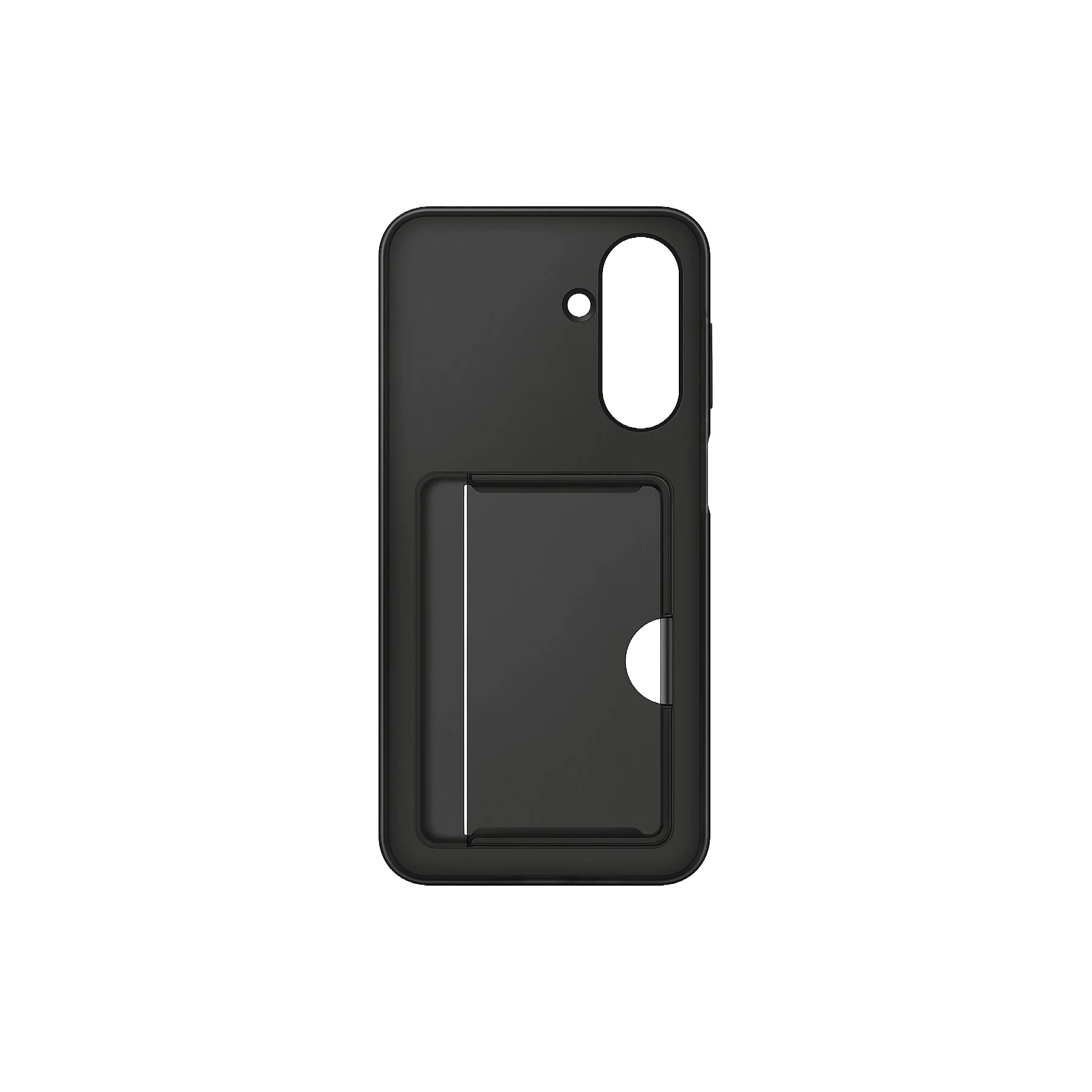 Funda negra para teléfono con ranura para tarjetas. La funda tiene un recorte para la cámara. Una tarjeta es visible.