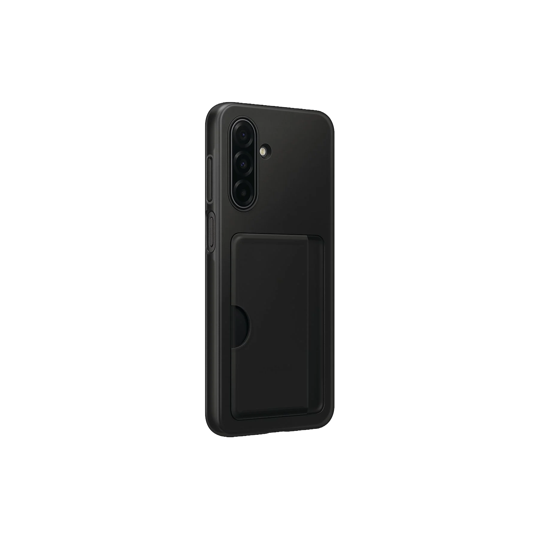 Funda negra para smartphone con tarjetero, sobre fondo negro. La funda tiene tres lentes de cámara.
