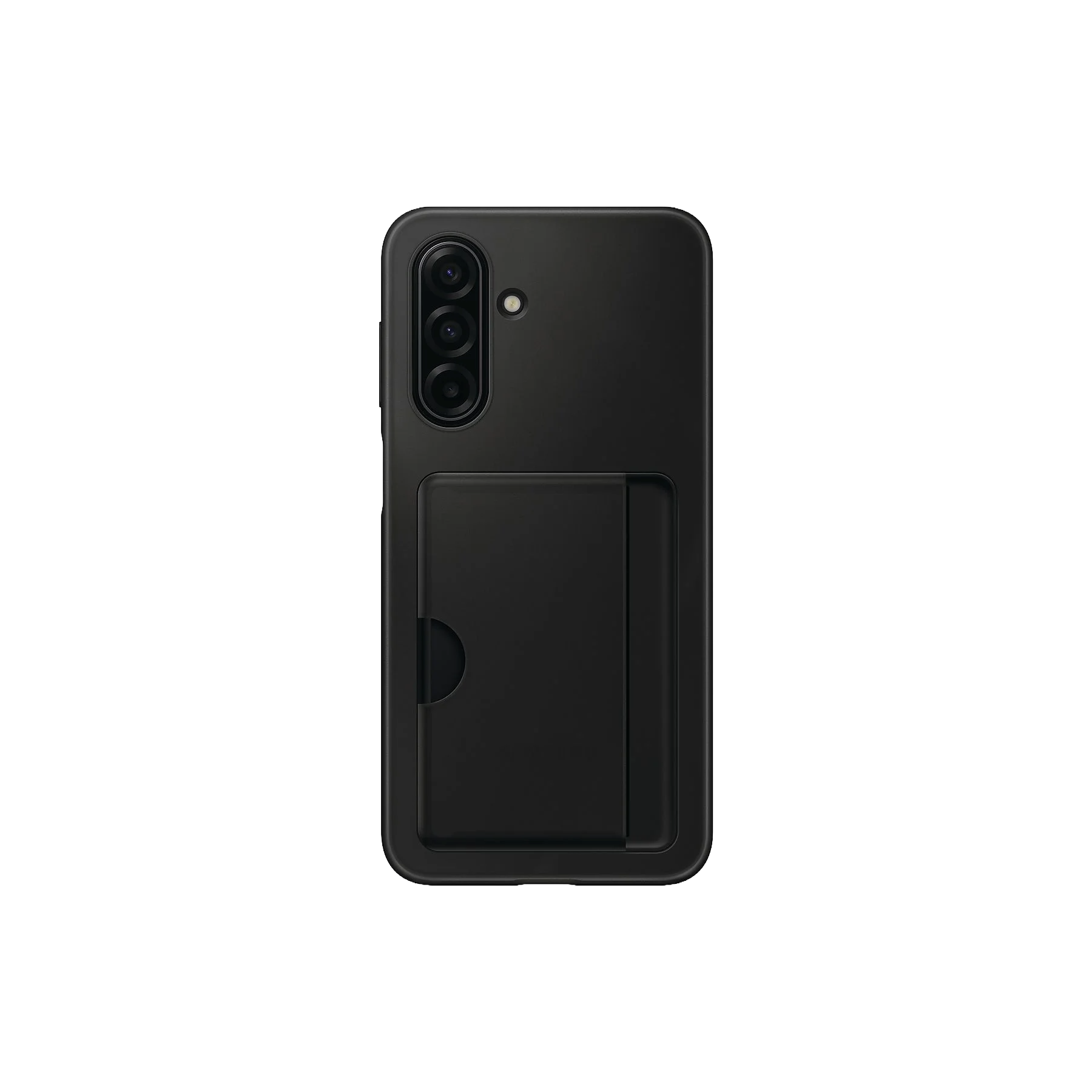 Funda de teléfono negra con tarjetero. Tiene tres lentes de cámara y un fondo negro.