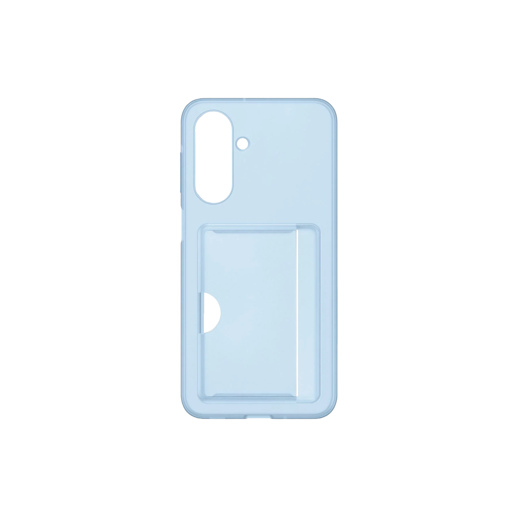 Una funda de teléfono azul claro con recorte para cámara, ranura para tarjeta y fondo negro.