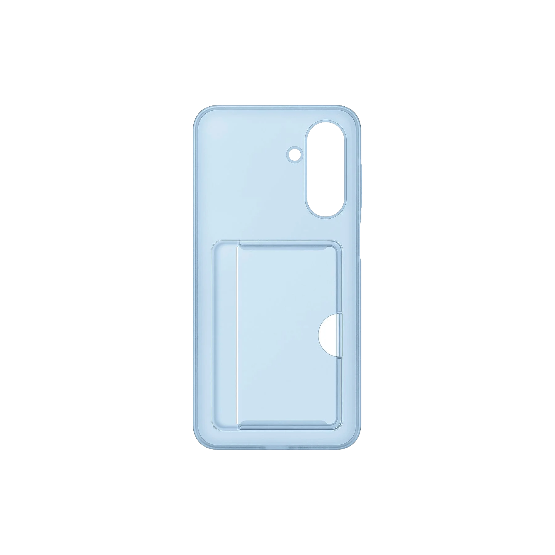 Una funda de teléfono azul claro con un tarjetero. La funda está sobre un fondo negro.