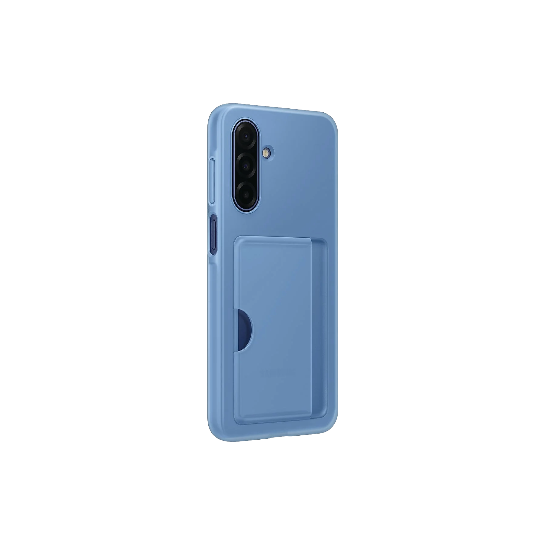 Una funda de teléfono azul claro con ranura para tarjetas. La funda tiene un recorte para la cámara y botones laterales. Fondo negro.