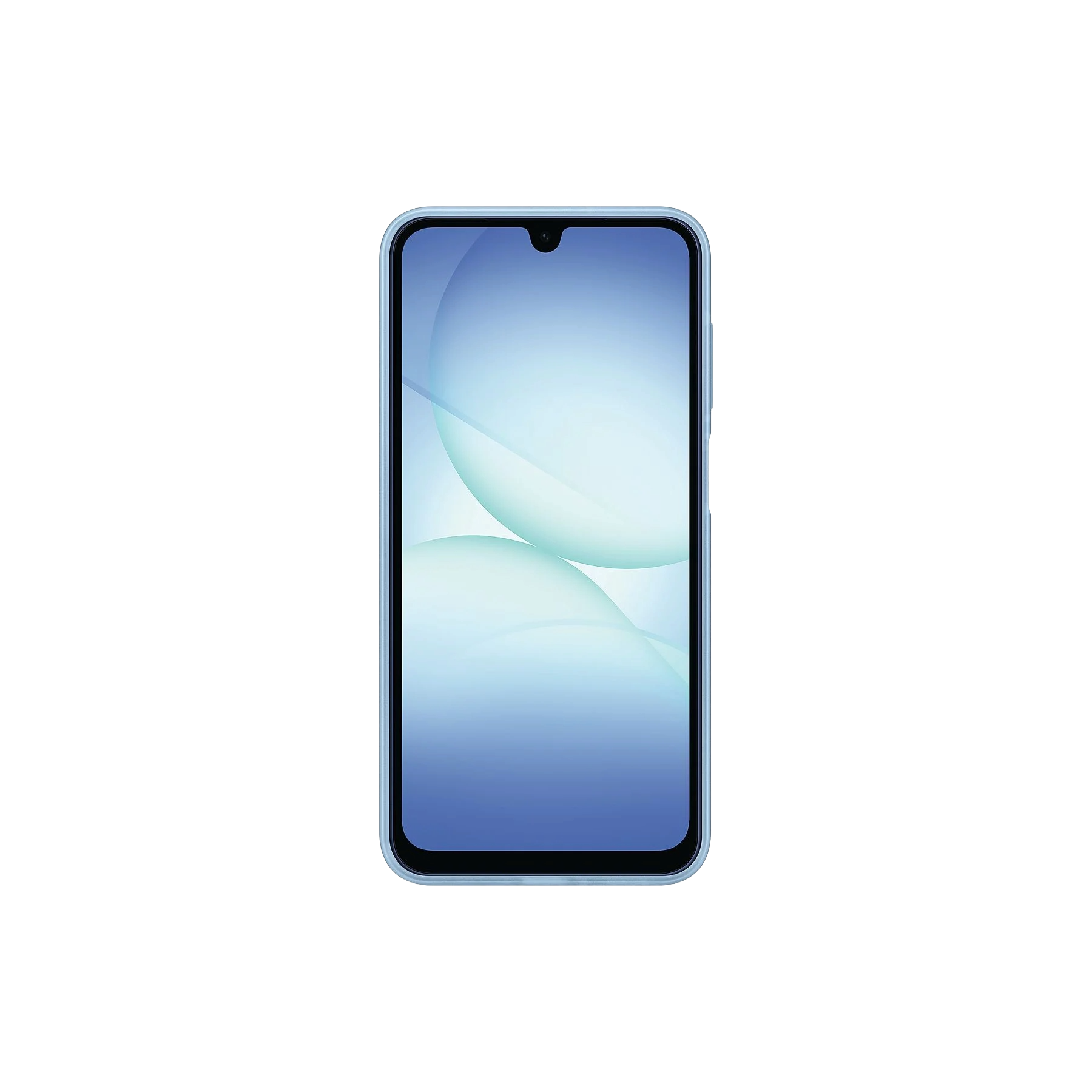 Un smartphone con pantalla azul que muestra formas abstractas, sobre un fondo negro.