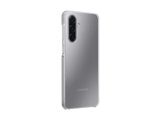 Un teléfono inteligente plateado con una funda transparente. El teléfono tiene una matriz de cámara y el logotipo de Samsung es visible.