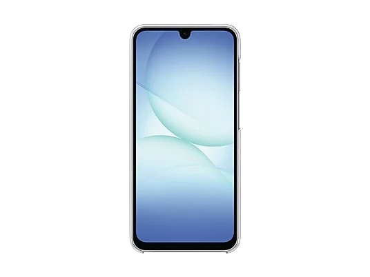 Un smartphone con marco blanco y pantalla con formas abstractas azules y blancas sobre fondo negro.