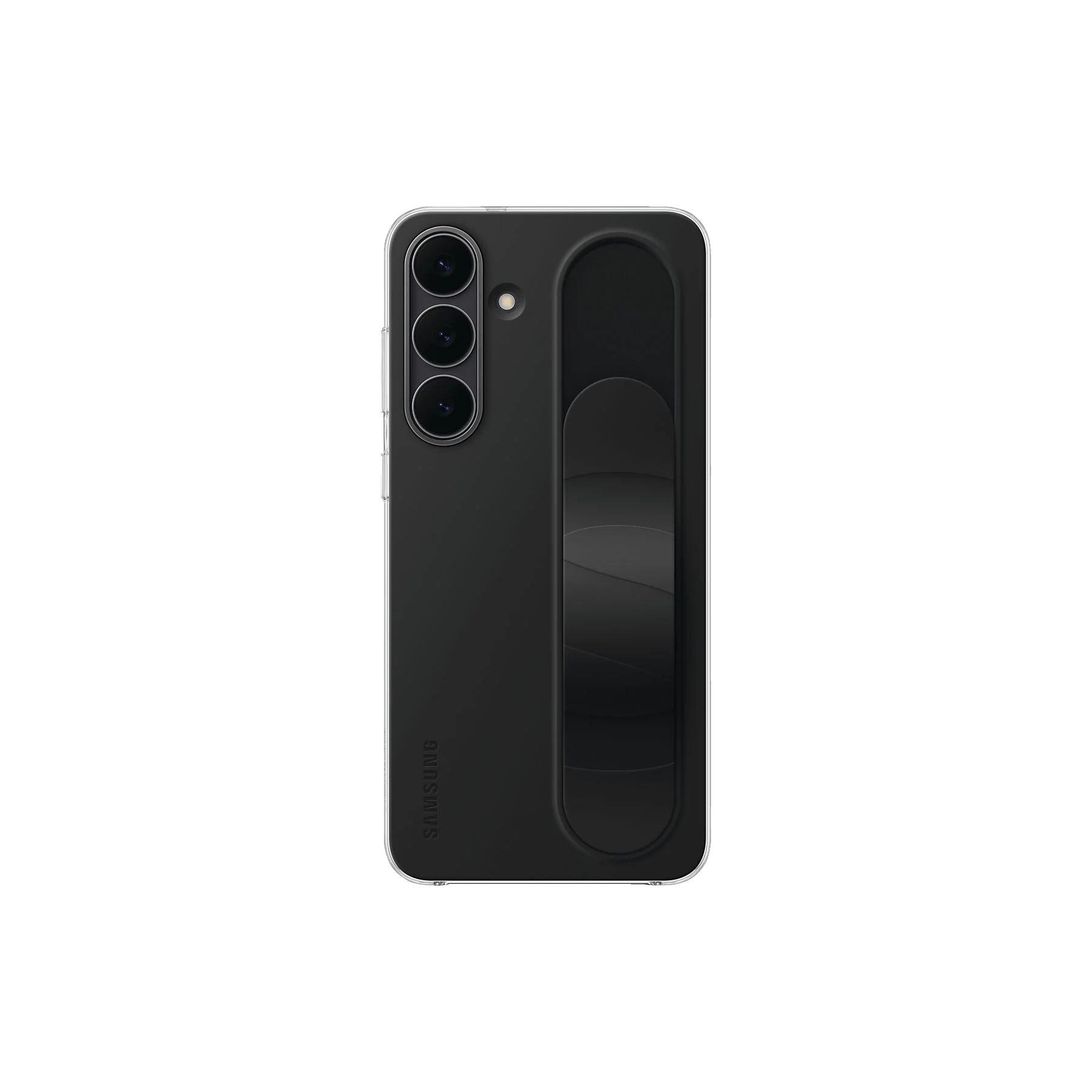Funda negra para teléfono con agarre sobre fondo negro. Tiene tres lentes de cámara. Logotipo de Samsung visible.