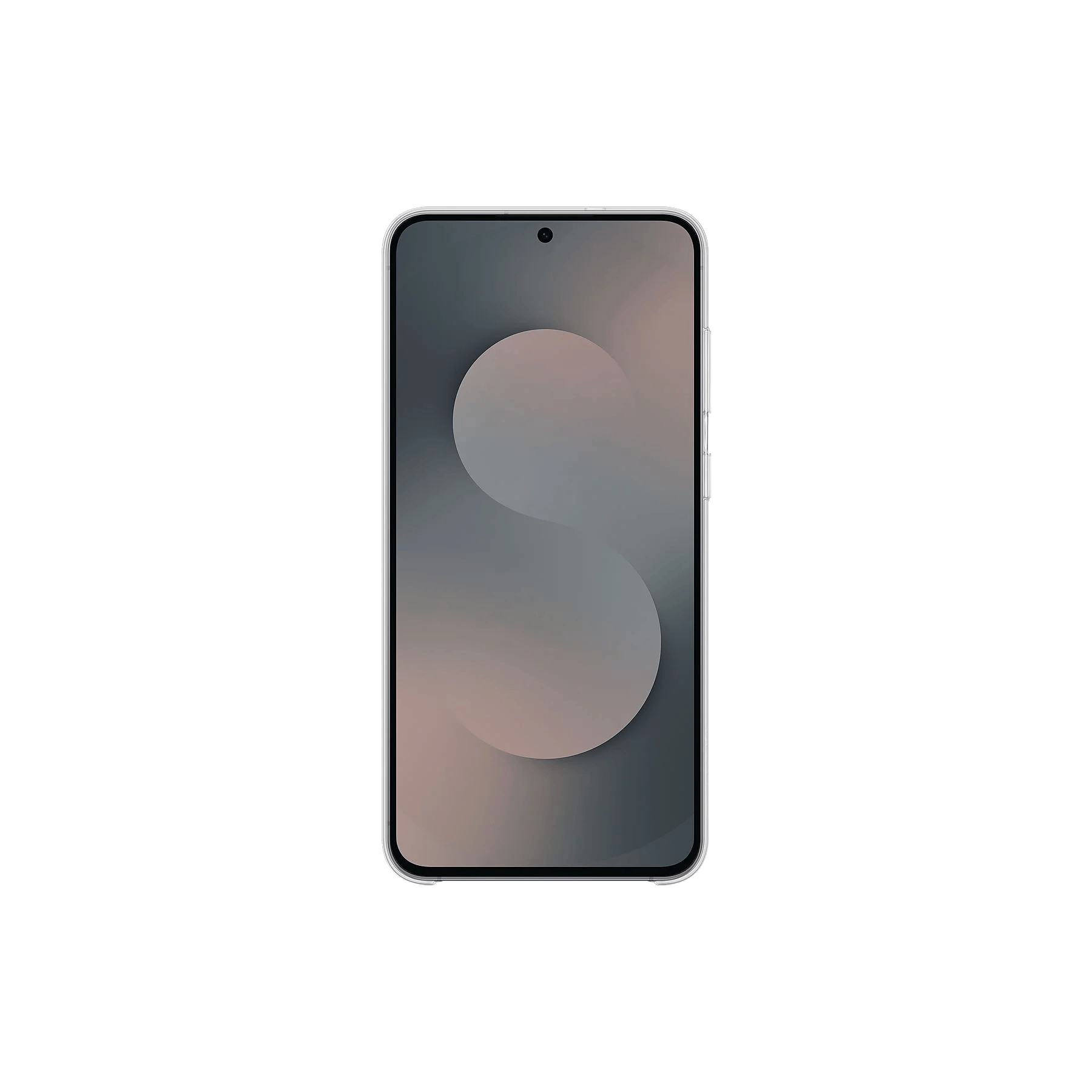 Smartphone con pantalla gris y rosa degradado sobre fondo negro.
