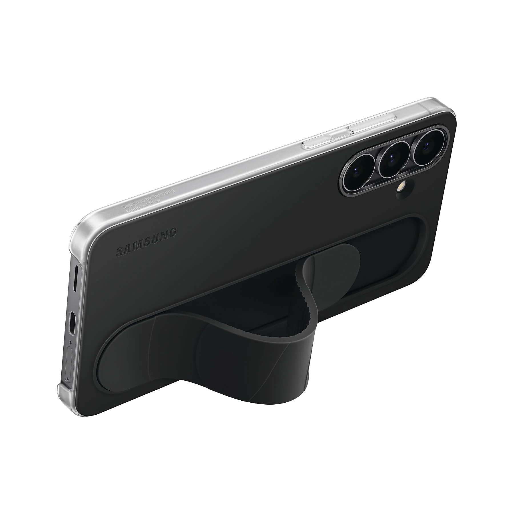 Funda negra para teléfono Samsung con marco plateado, tres cámaras y agarre integrado. El fondo es negro.