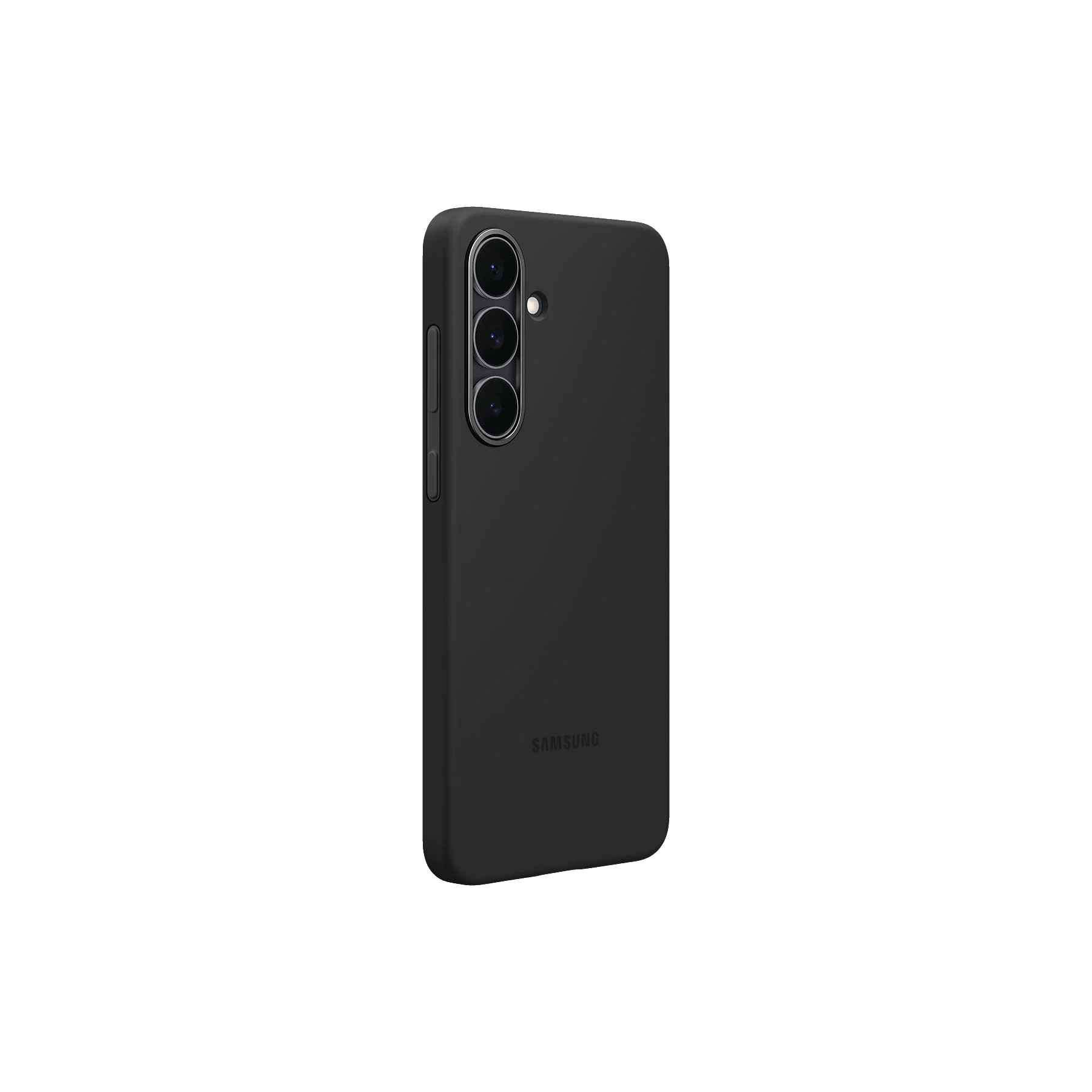 Teléfono Samsung negro en una funda. Cuenta con triple cámara, botones de encendido y volumen. El fondo es negro sólido.